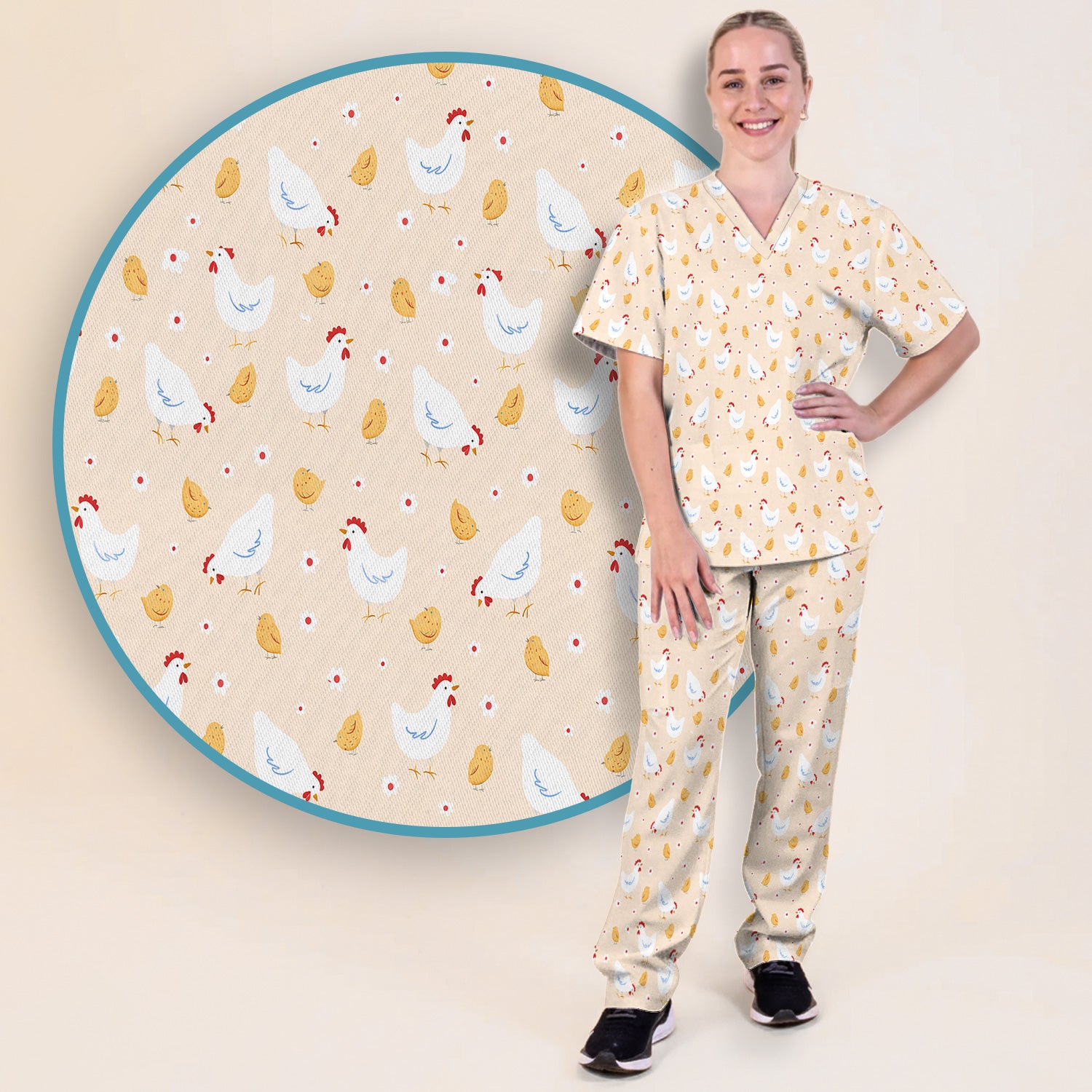 Chicken And Cute Chicks Pattern Scrubs Sets, Scrub Pants and V Neck Top