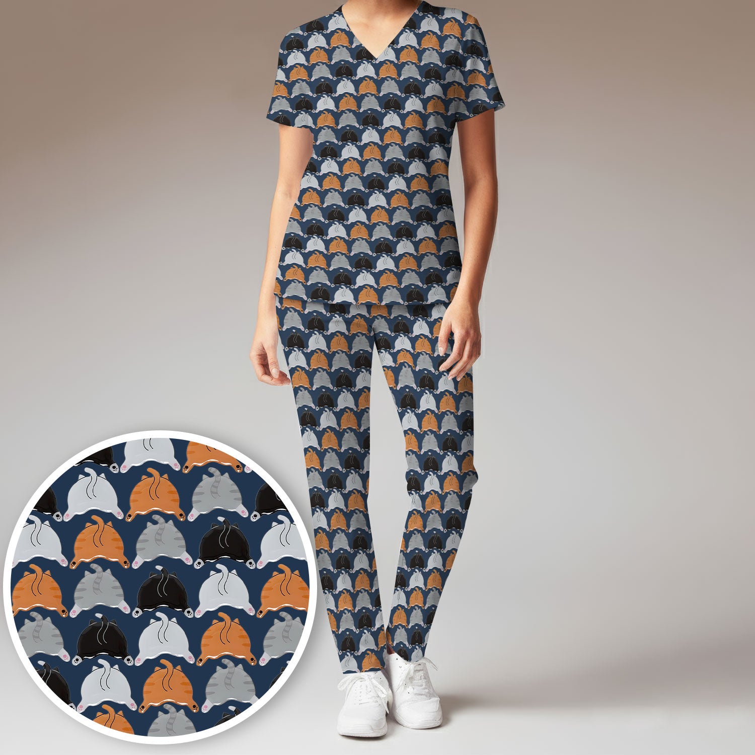Playful Multicolor Cat Print Scrub Set, Breathable Med Uniform