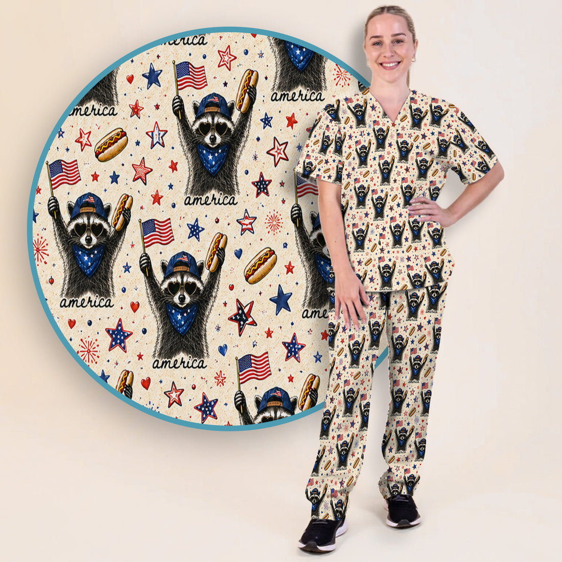 Patriotic Raccoon America Hotdog Pattern Scrub Set, Scrub Pants and V Neck Top