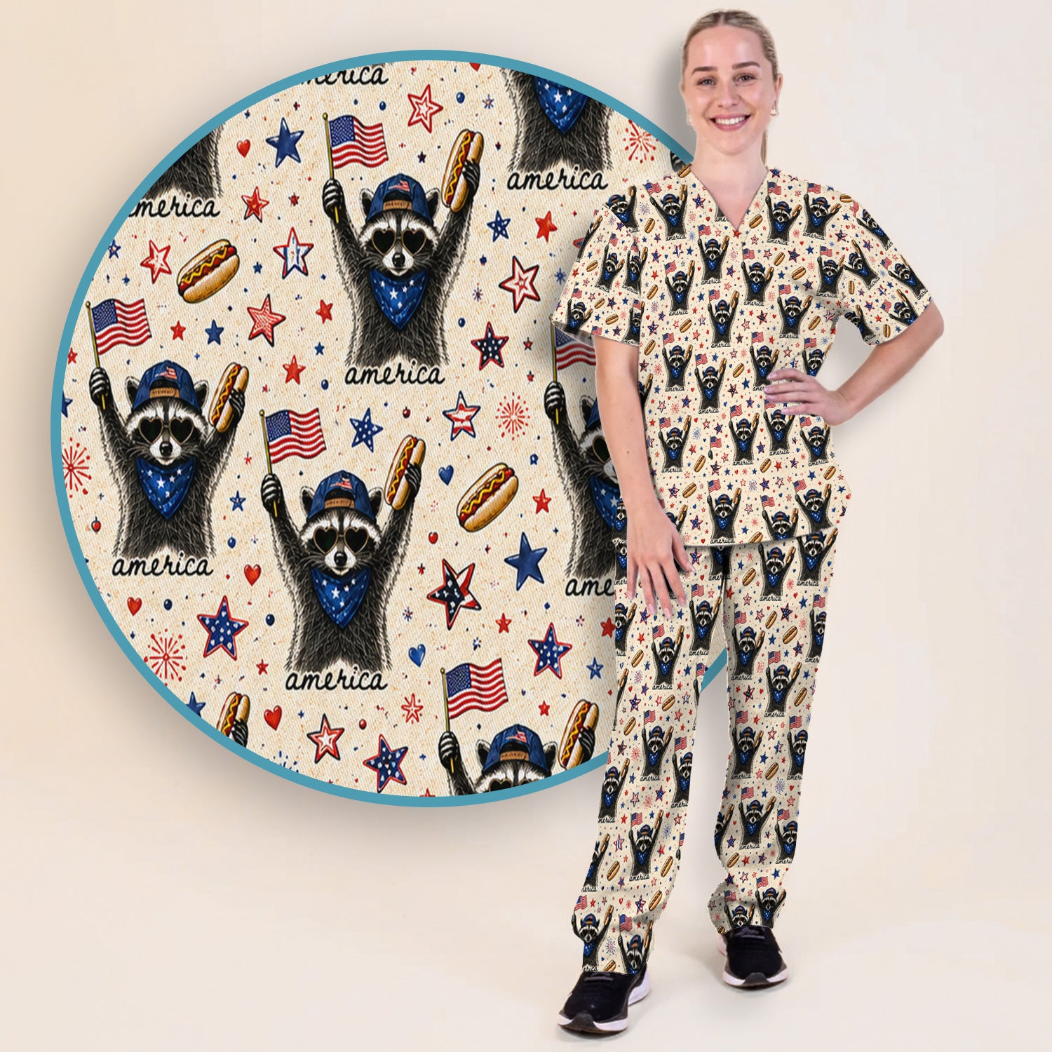 Patriotic Raccoon America Hotdog Pattern Scrub Set, Scrub Pants and V Neck Top