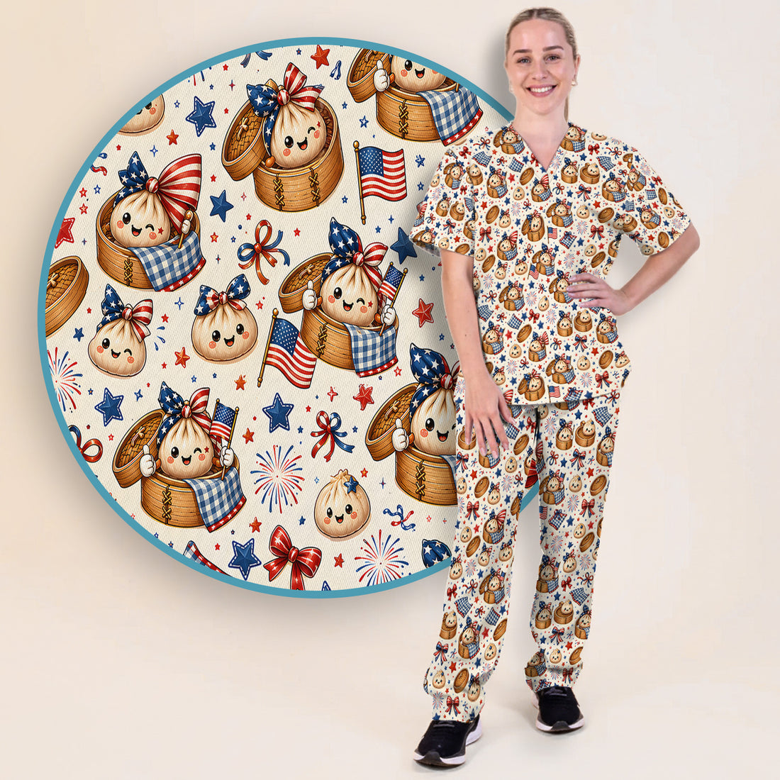 Patriotic Dumpling Nurse Pattern Scrub Set, Scrub Pants and V Neck Top