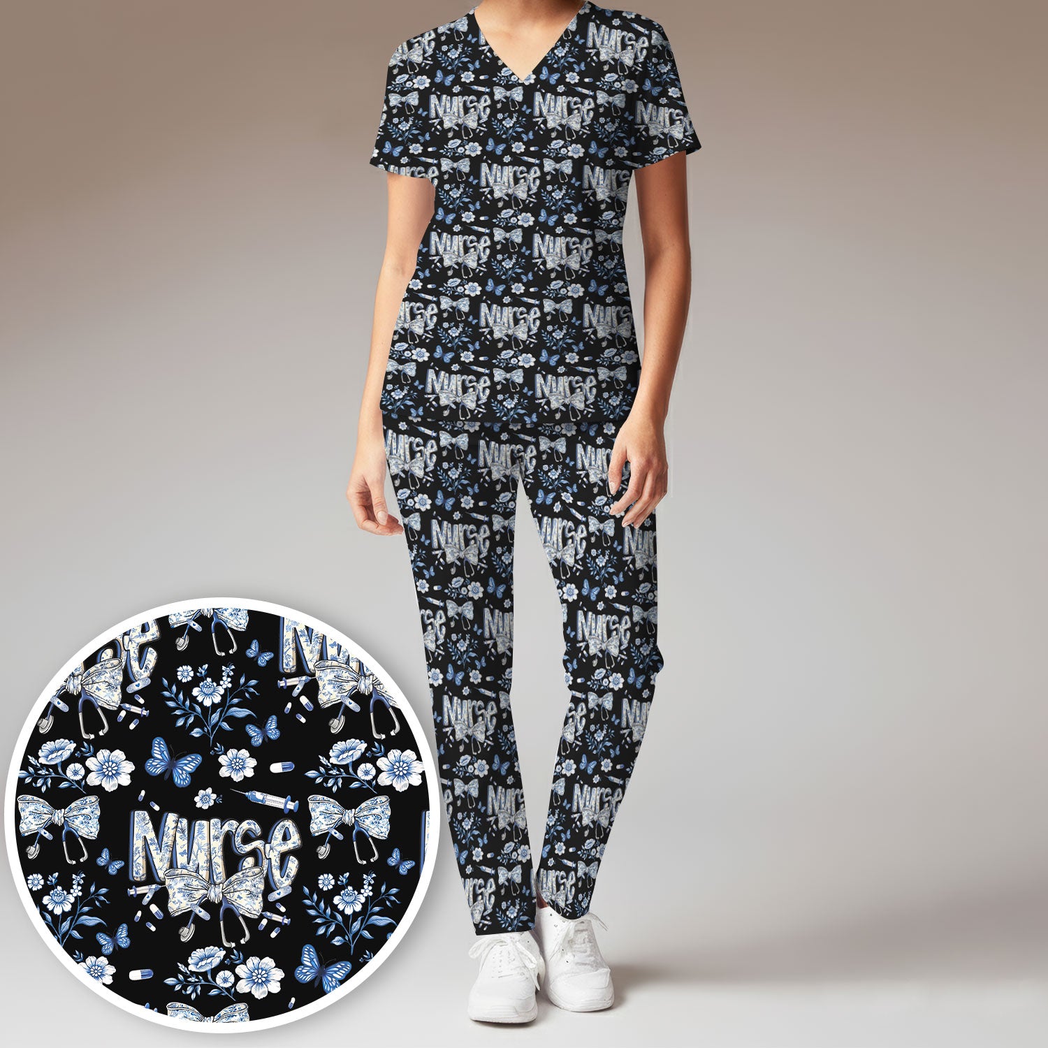 Blue Nurse Bow Butterfly Floral Pattern Scrub Set,  Breathable Med Uniform