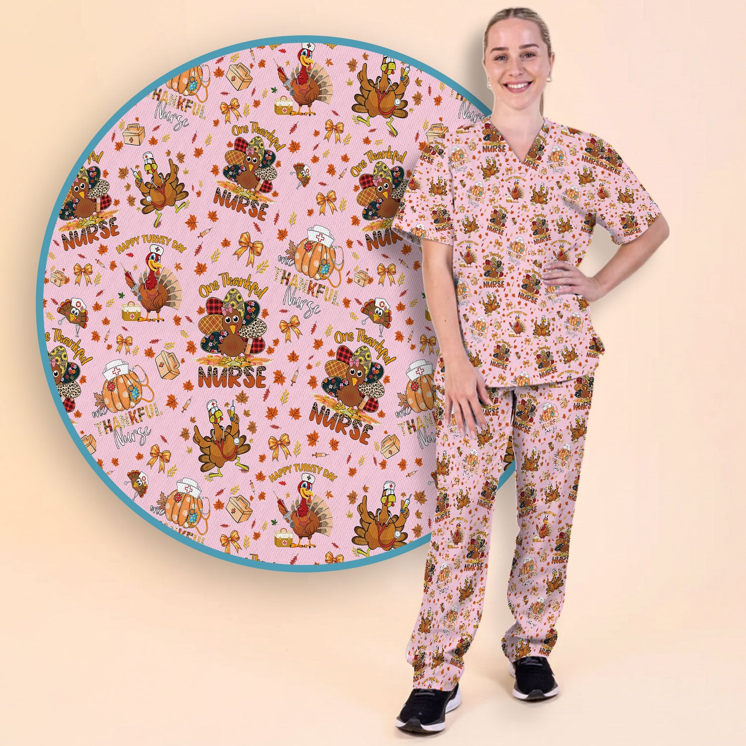 Thanksgiving Nurse Fall Scrub Sets for Women - Cute Turkey and Pumpkin Scrubs Pants and V Neck Top - Autumn Med Gift for Her