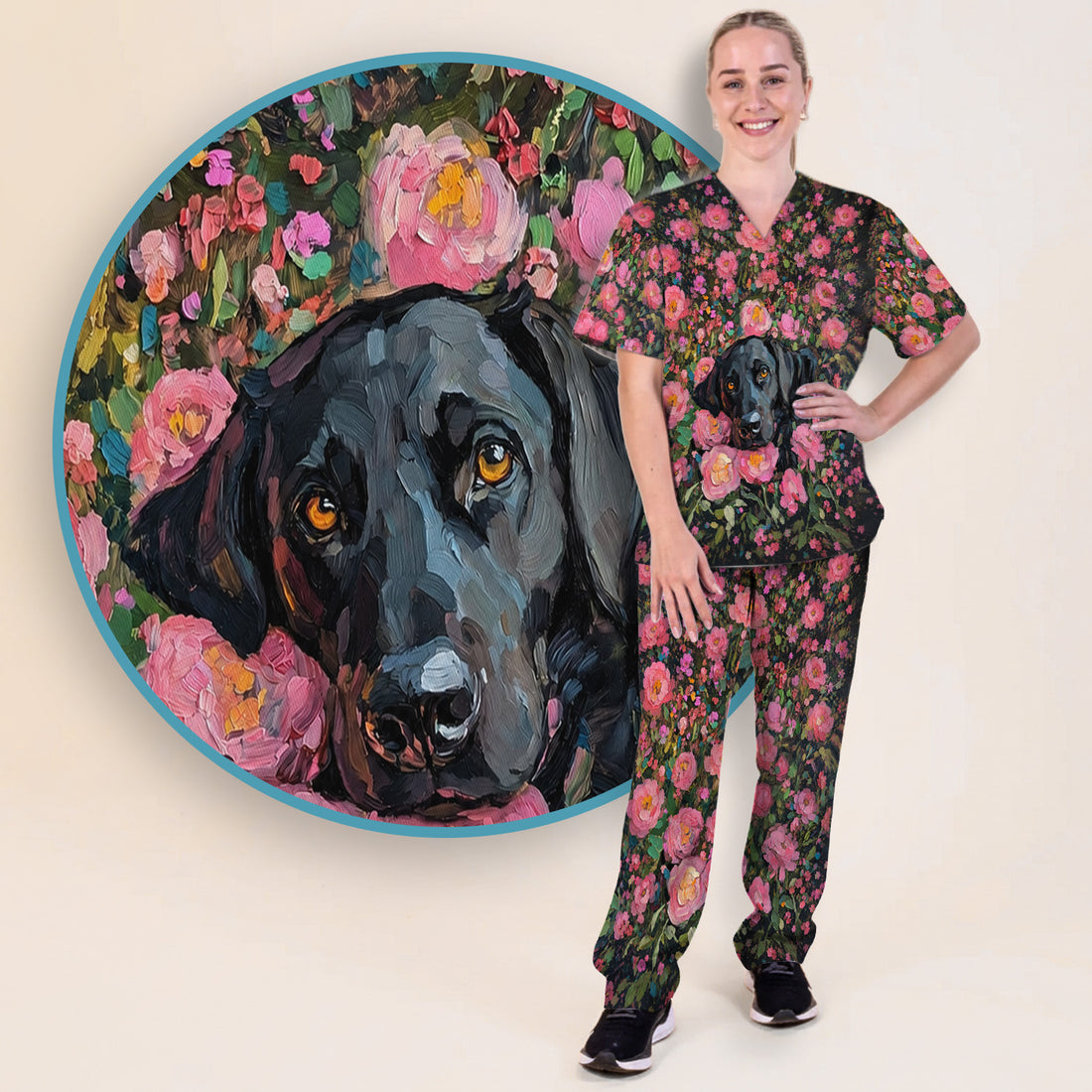 Painterly Floral Black Dog Pattern, Pet Lover Medical Scrub Set, Scrub Pants and V Neck Top
