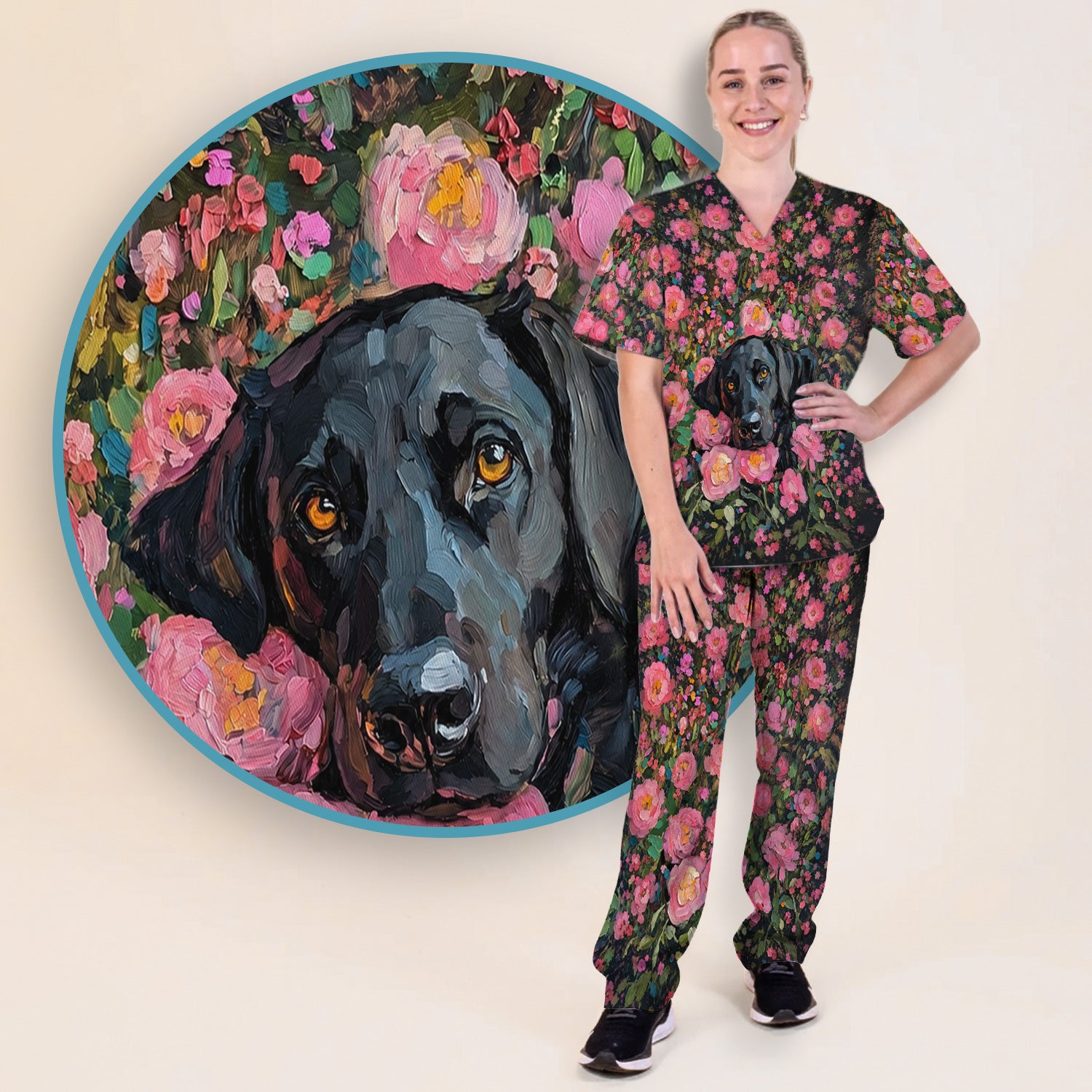 Painterly Floral Black Dog Pattern, Pet Lover Medical Scrub Set, Scrub Pants and V Neck Top