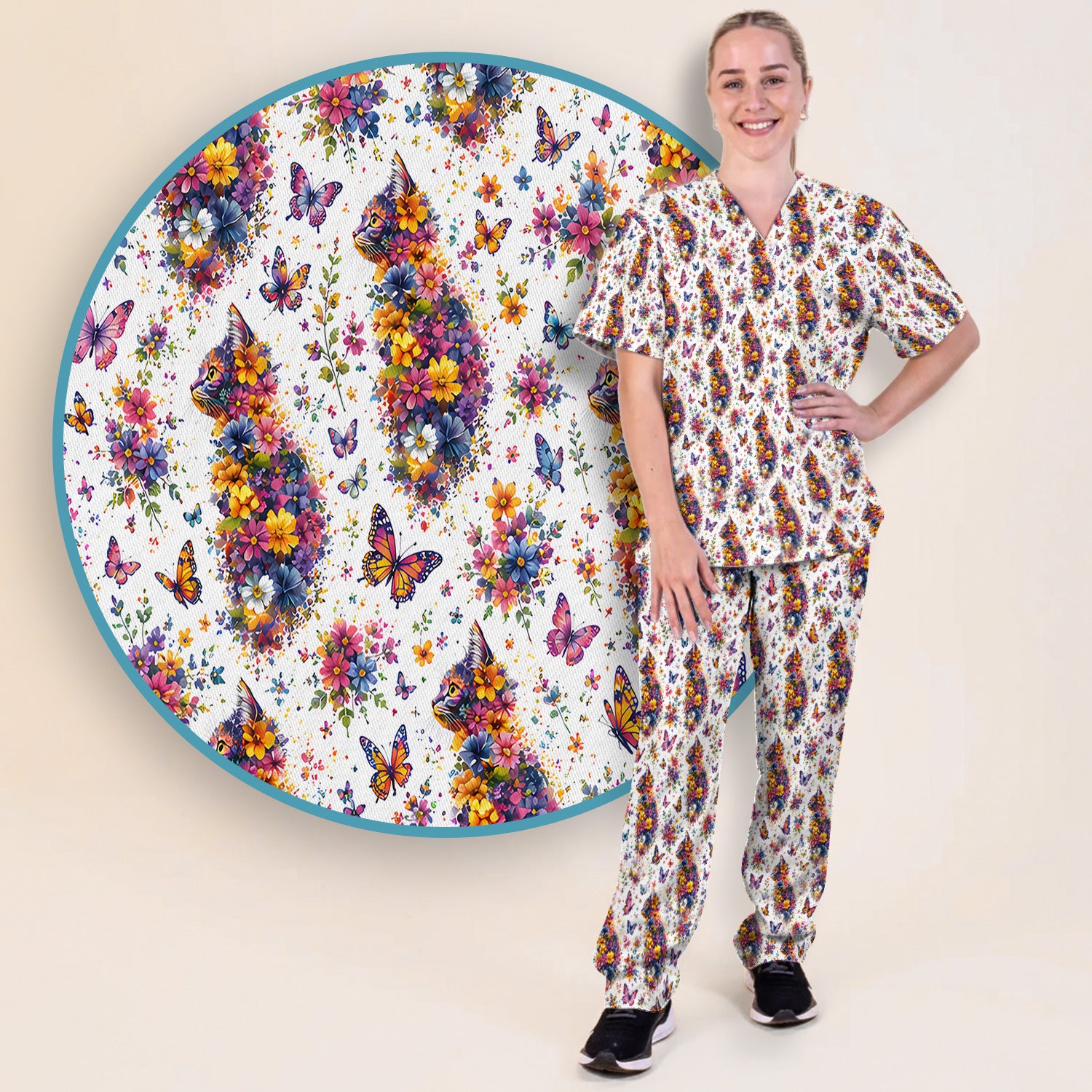 Cute Floral Cat With Butterfly Pattern Scrub Set, Scrub Pants and V Neck Top