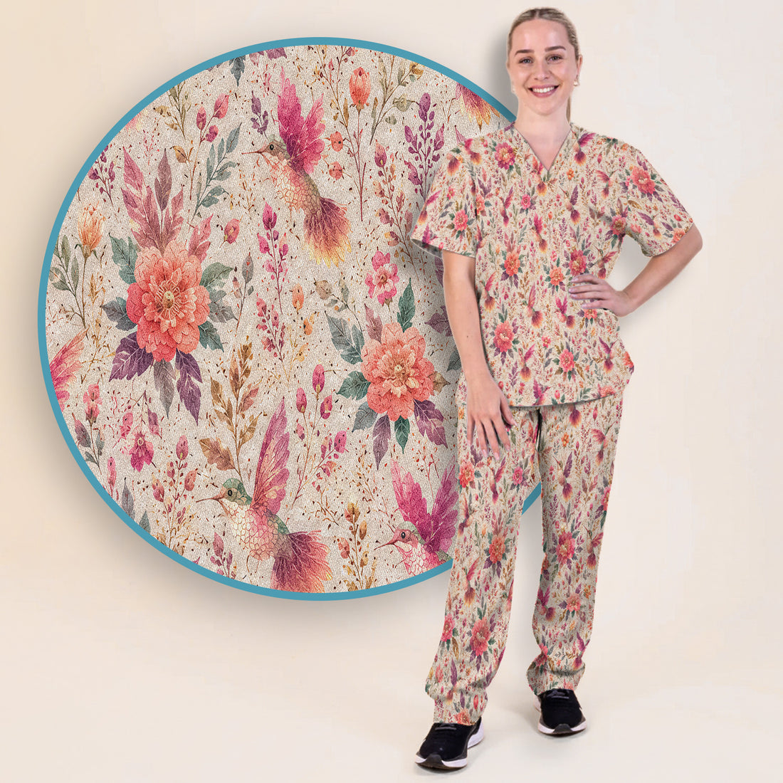 Hummingbird Floral Garden Pattern Scrub Set, Scrub Pants and V Neck Top