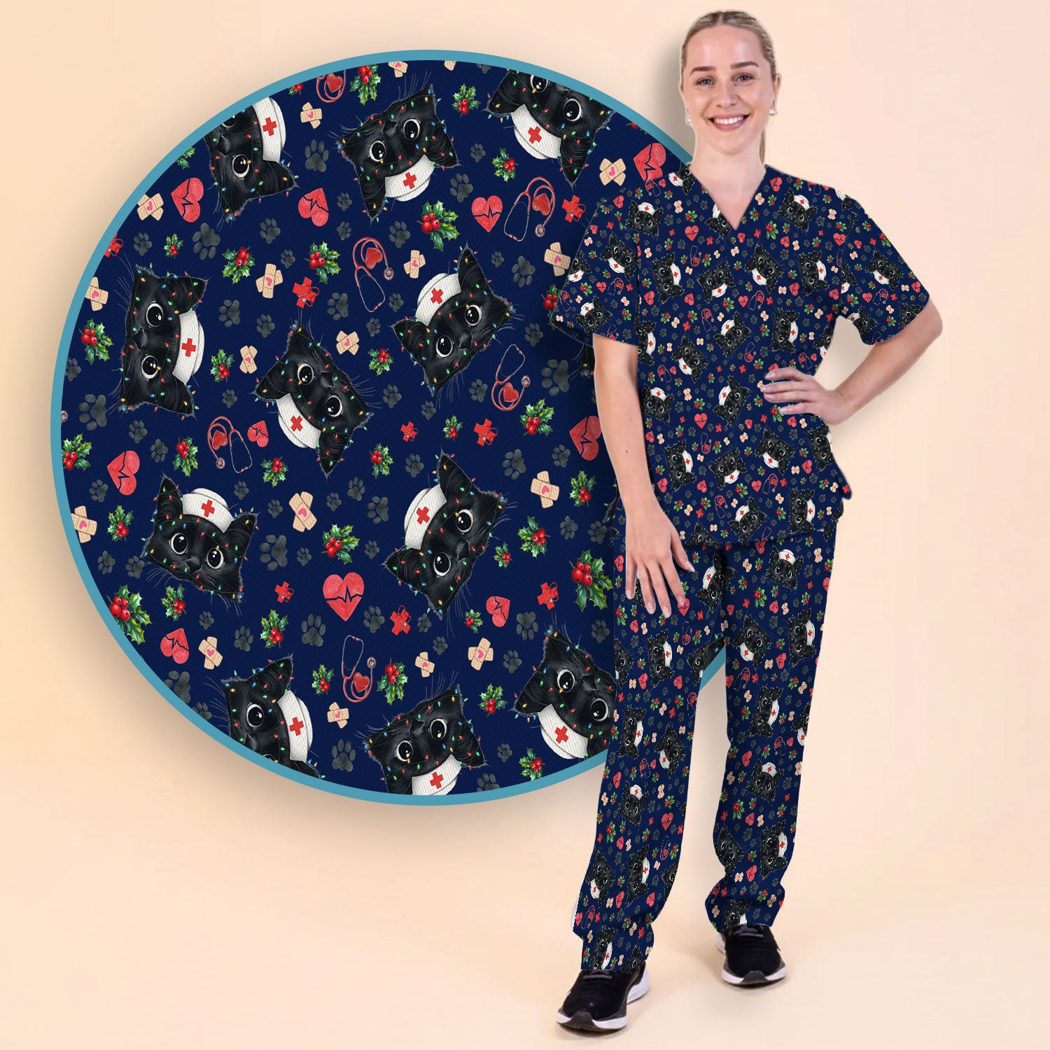 Black Cats Comfortable Scrubs for Nurses - Cute Kittens Christmas Scrubs Pants and V Neck Top - Breathable Med Uniform Gift for Women