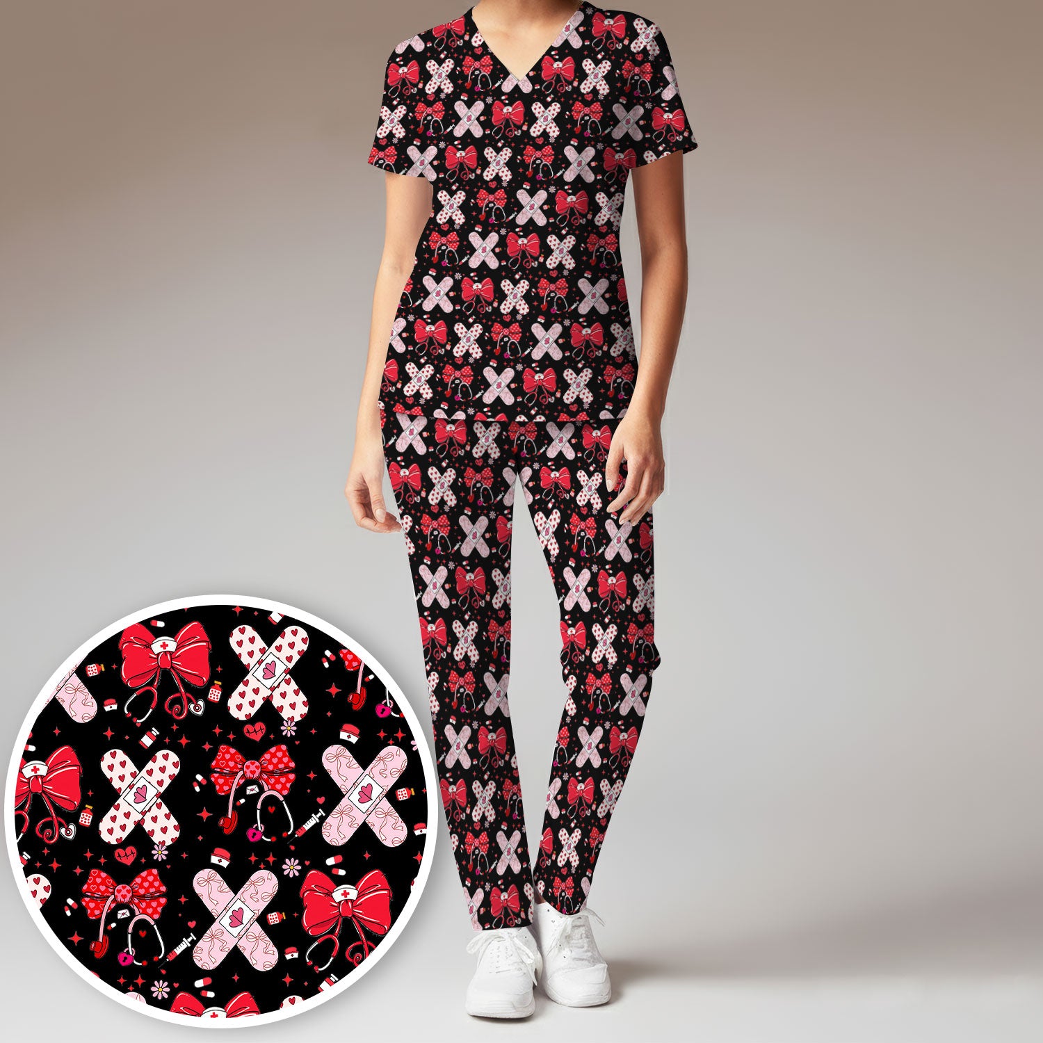 Valentine Nurse Scrub Set, Red Bow And Heart Bandage Pattern Medical Shirt, Breathable Fabrics Nursing Uniform