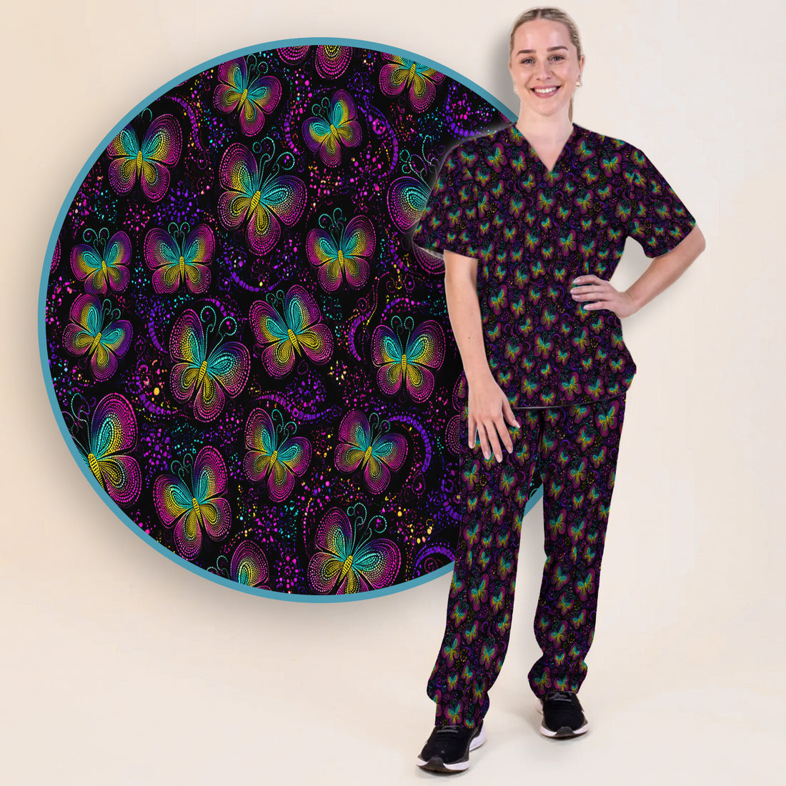 Cute Neon Butterfly Swirl Pattern Scrub Set, Scrub Pants and V Neck Top