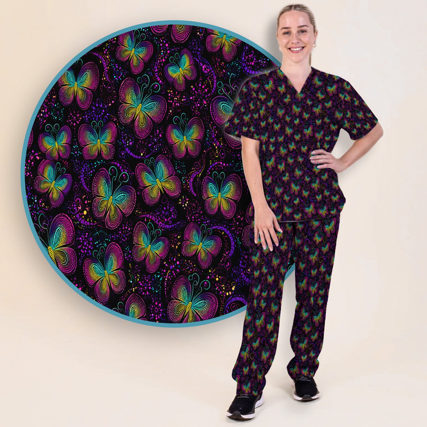 Cute Neon Butterfly Swirl Pattern Scrub Set, Scrub Pants and V Neck Top
