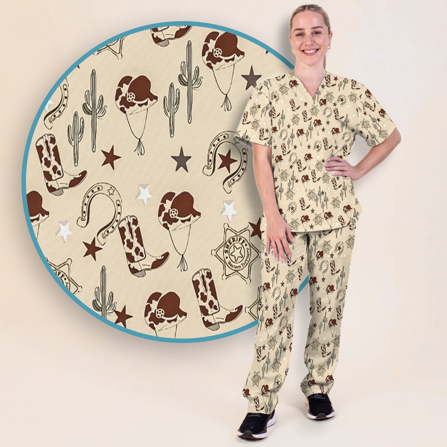Funny Cowboy Hats & Boots Pattern Scrub Set, Scrub Pants and V Neck Top