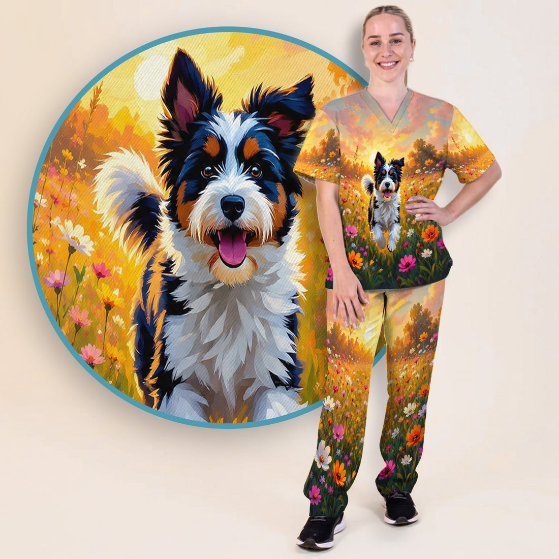 Cute Floral Meadow Dog Print Scrub Set, Scrub Pants and V Neck Top