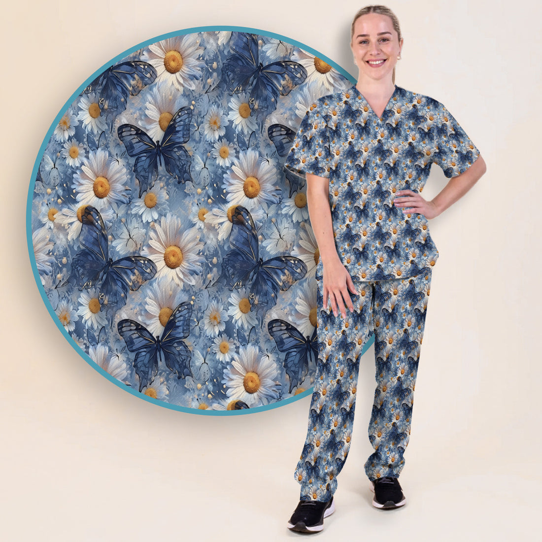 Blue Daisy Butterfly Print Scrub Set, Scrub Pants and V Neck Top