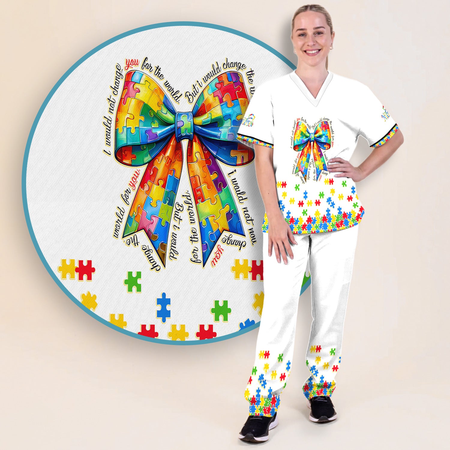 Autism Puzzle Bow Colorful Pieces Print Scrub Set, Breathable Med Uniform