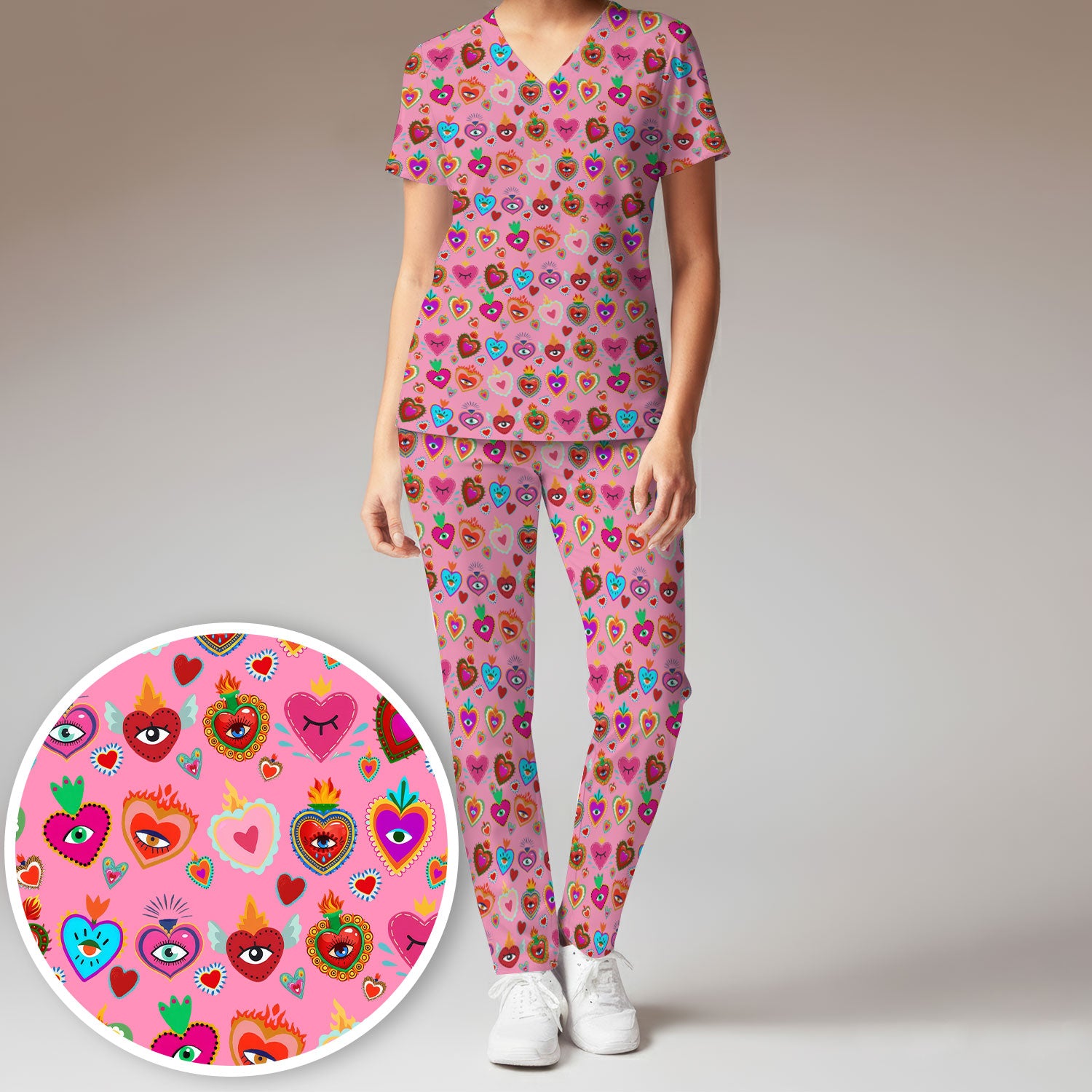 Valentine Colorful Sacred Heart Print Women's Scrub Set, Scrub Pants and V Neck Top