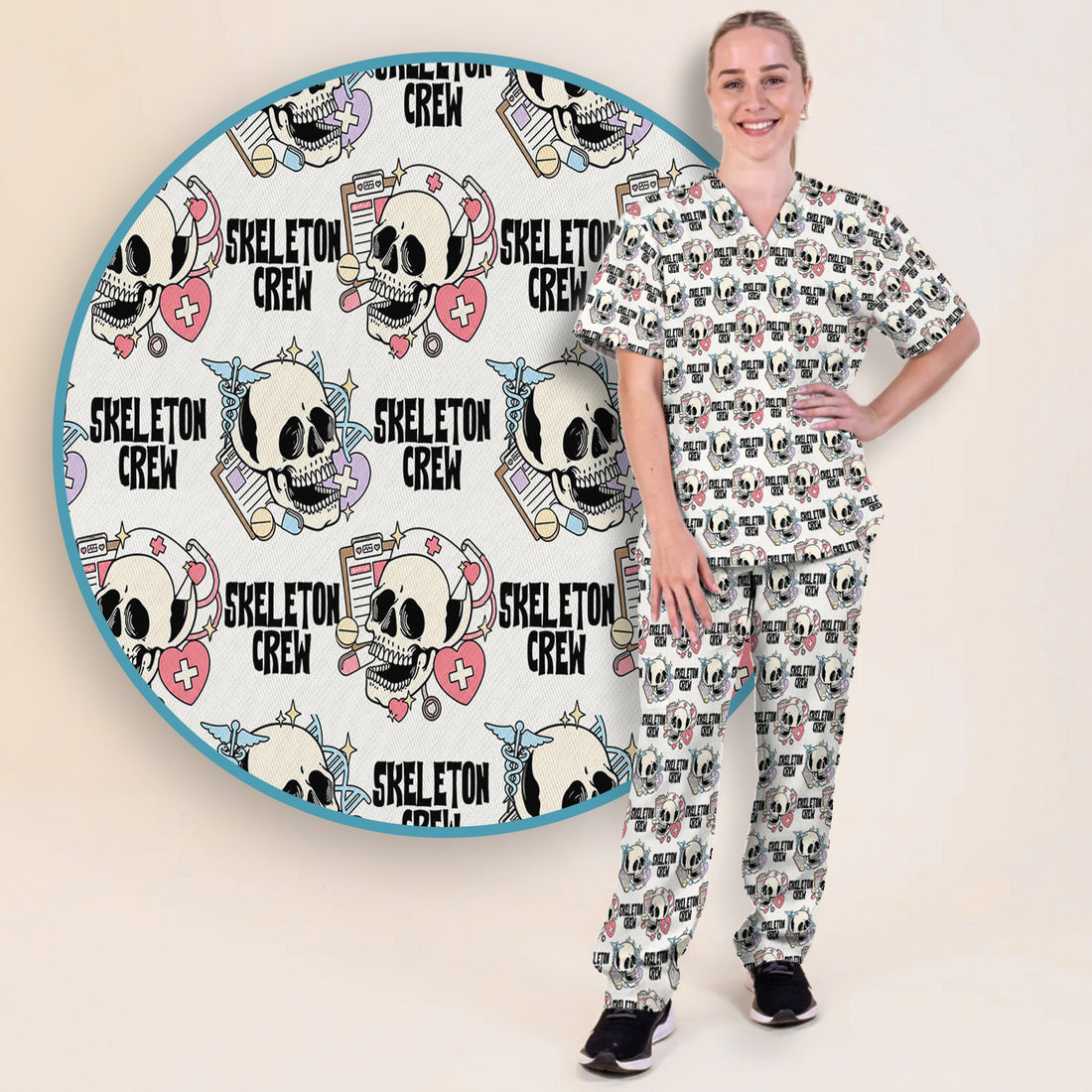 Funny Halloween Skeleton Crew Scrub Set, Scrub Pants and V Neck Top