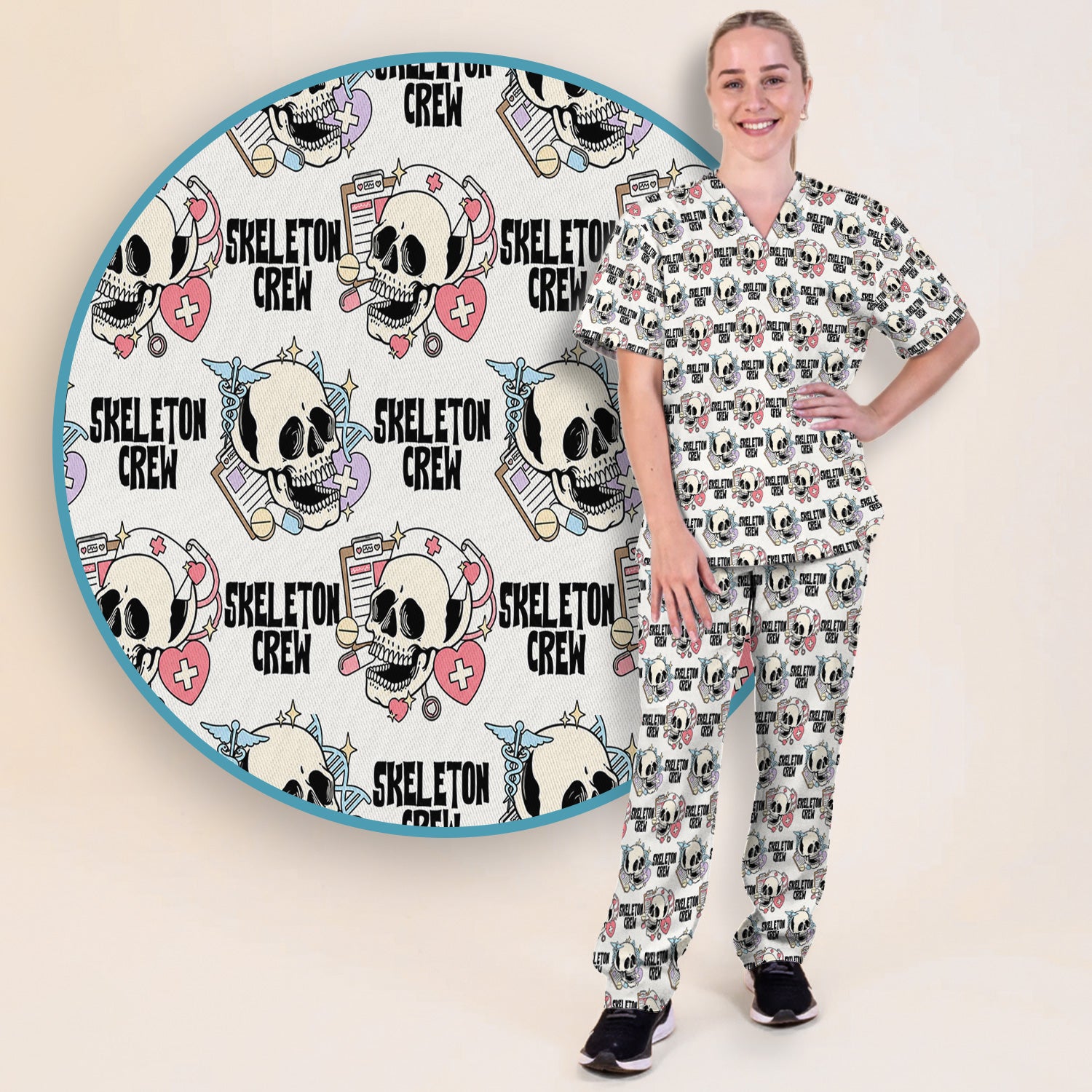 Funny Halloween Skeleton Crew Scrub Set, Scrub Pants and V Neck Top