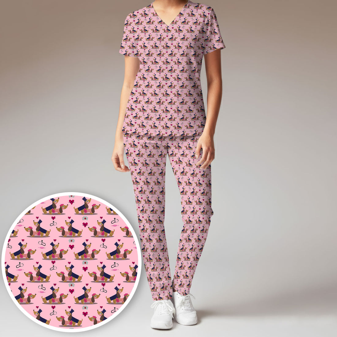 Valentine Dachshund Nurse Scrub Set - Funny Couple Gift for Women