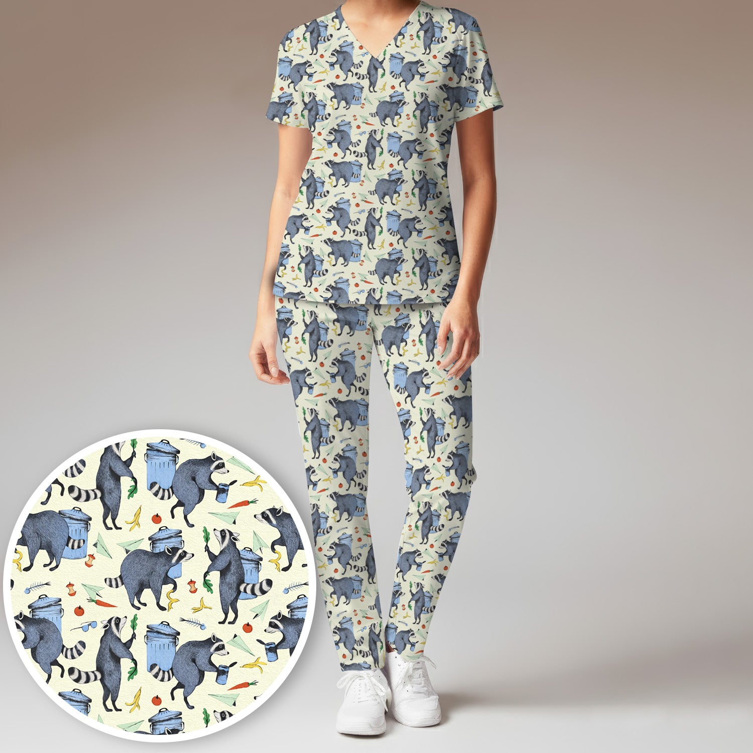 Funny Nurse Raccoon Eating Trash Banana Scrub Set, Scrub Pants and V Neck Top