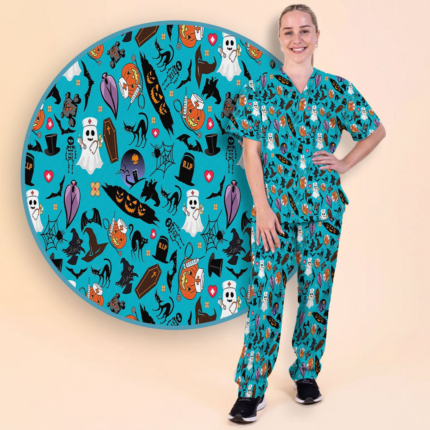 Spooky Halloween Scrub Set - Pumpkin Ghost Bat Nurse Scrubs Pants and V Neck Top - Wicked Witch Medical Uniform for RN CNA LPN