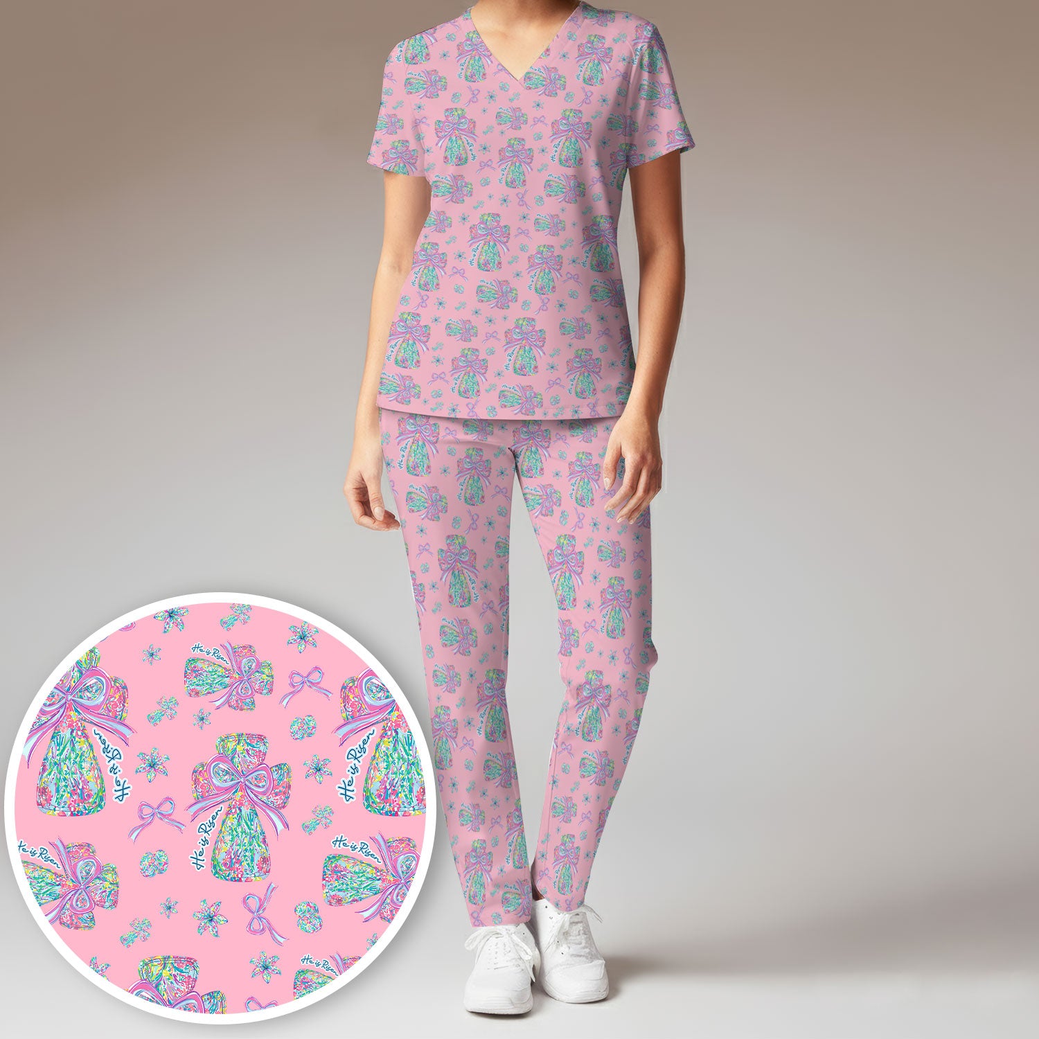 Colorful Bow Pattern Women's Scrub Sets, Breathable Med Uniform
