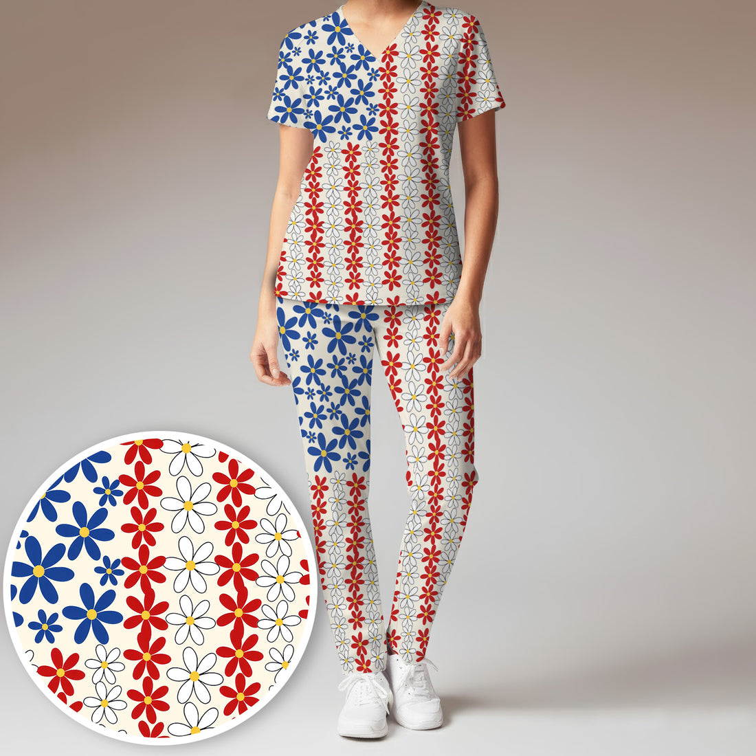 Retro Red Blue Daisy Stripe Pattern Scrub Top, Breathable Fabrics Nursing Uniform