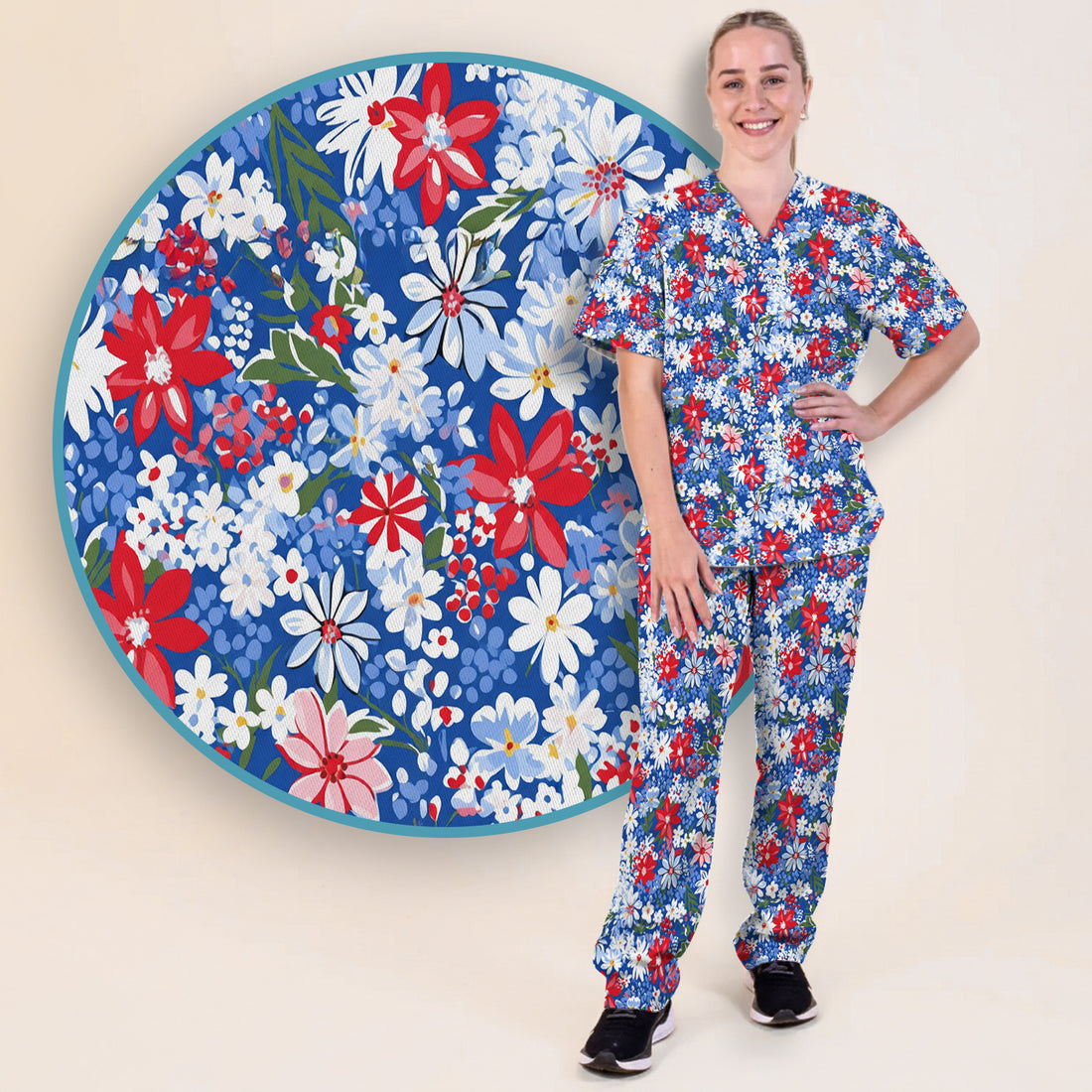 Patriotic Red White Blue Floral Garden Print Scrub Set, Scrub Pants and V Neck Top