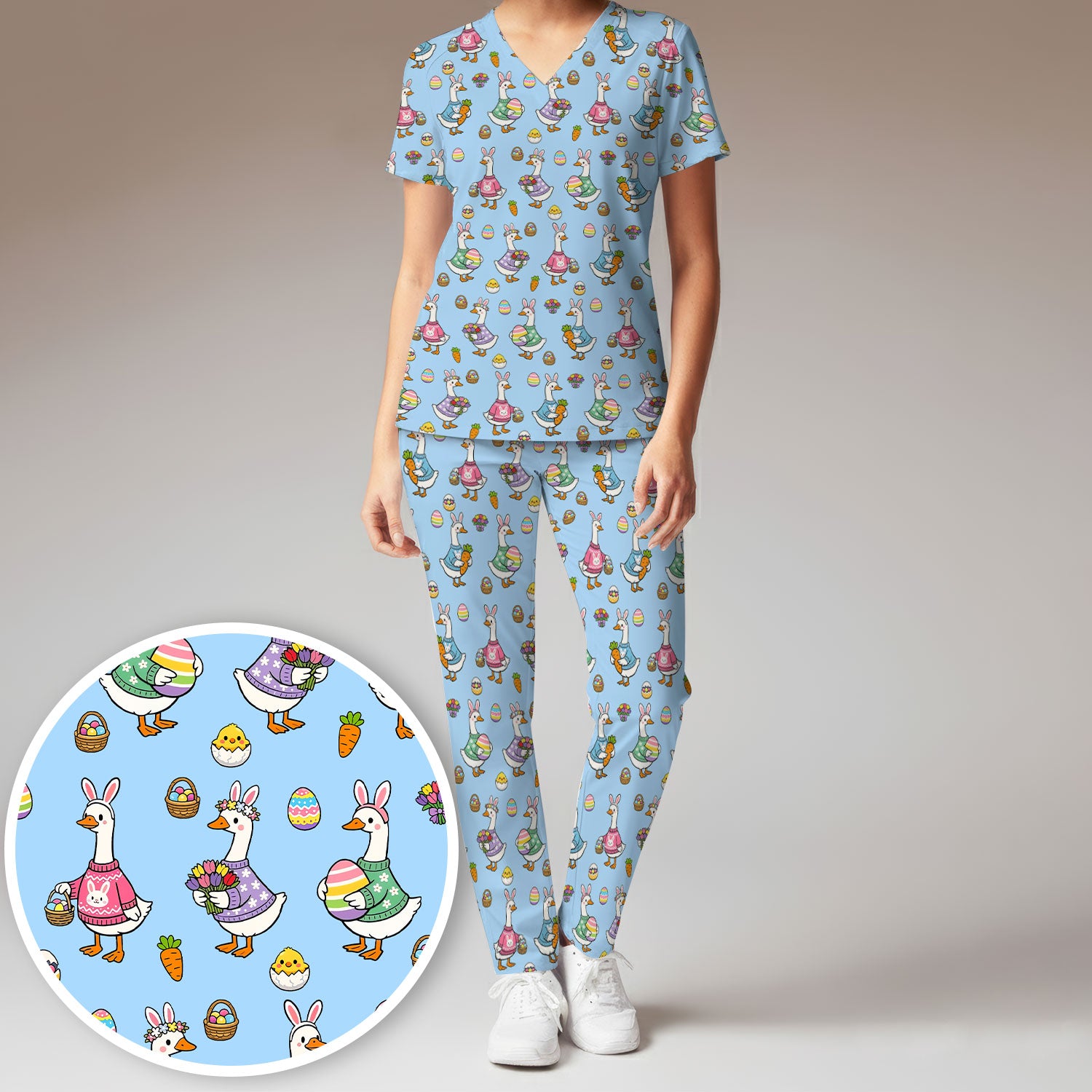 Cute Easter Goose Print Scrub Set, Breathable Med Uniform