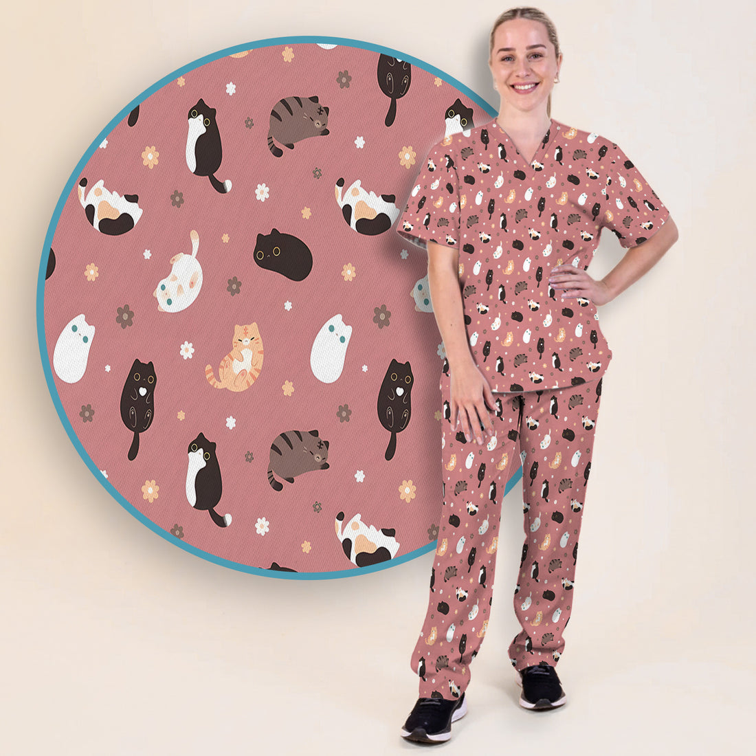 Adorable Kitty Nurse Pattern Scrub Set, Scrub Pants and V Neck Top