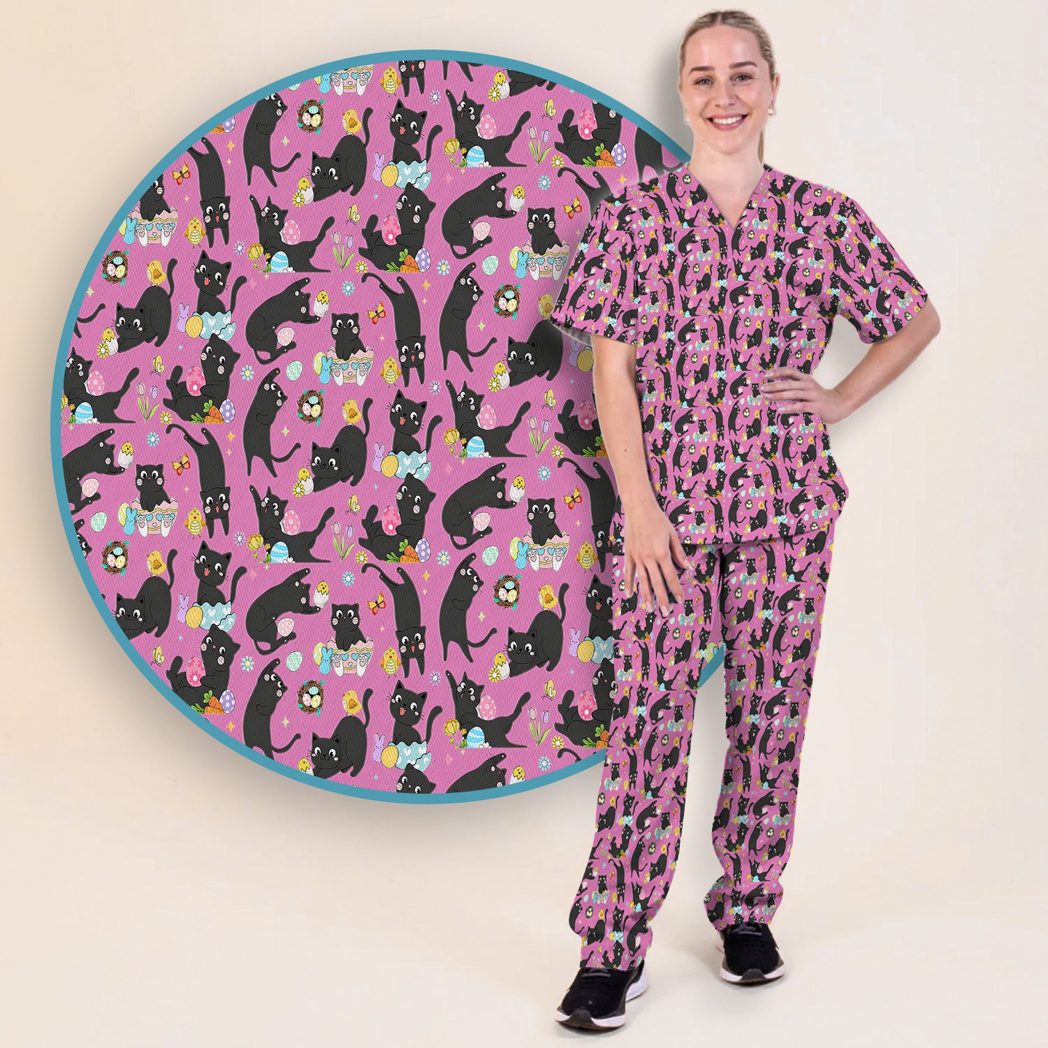 Playful Black Cat Easter Egg Pattern Scrub Set, Scrub Pants and V Neck Top