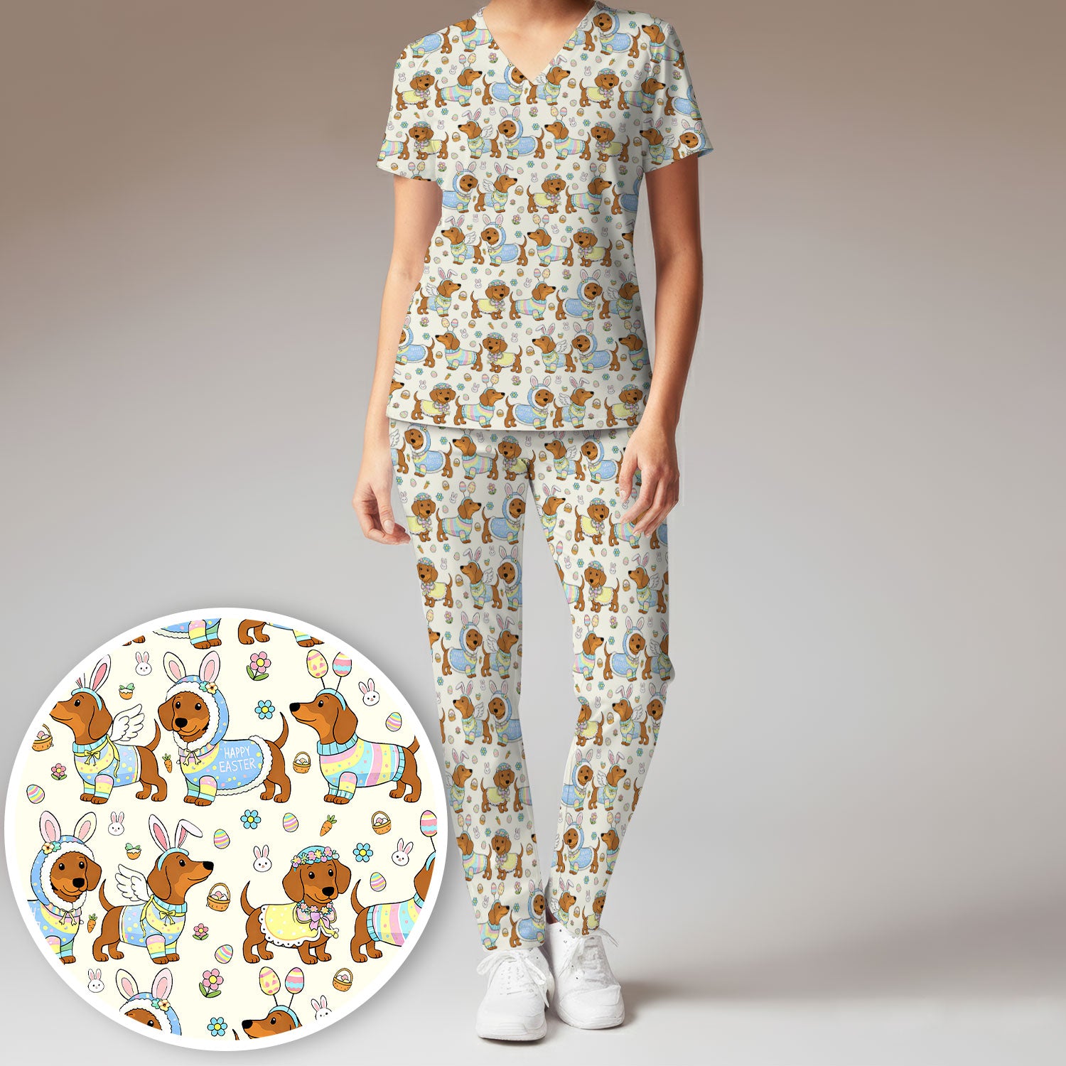 Easter Dachshund Bunny Pattern Scrub Set, Scrub Pants and V Neck Top