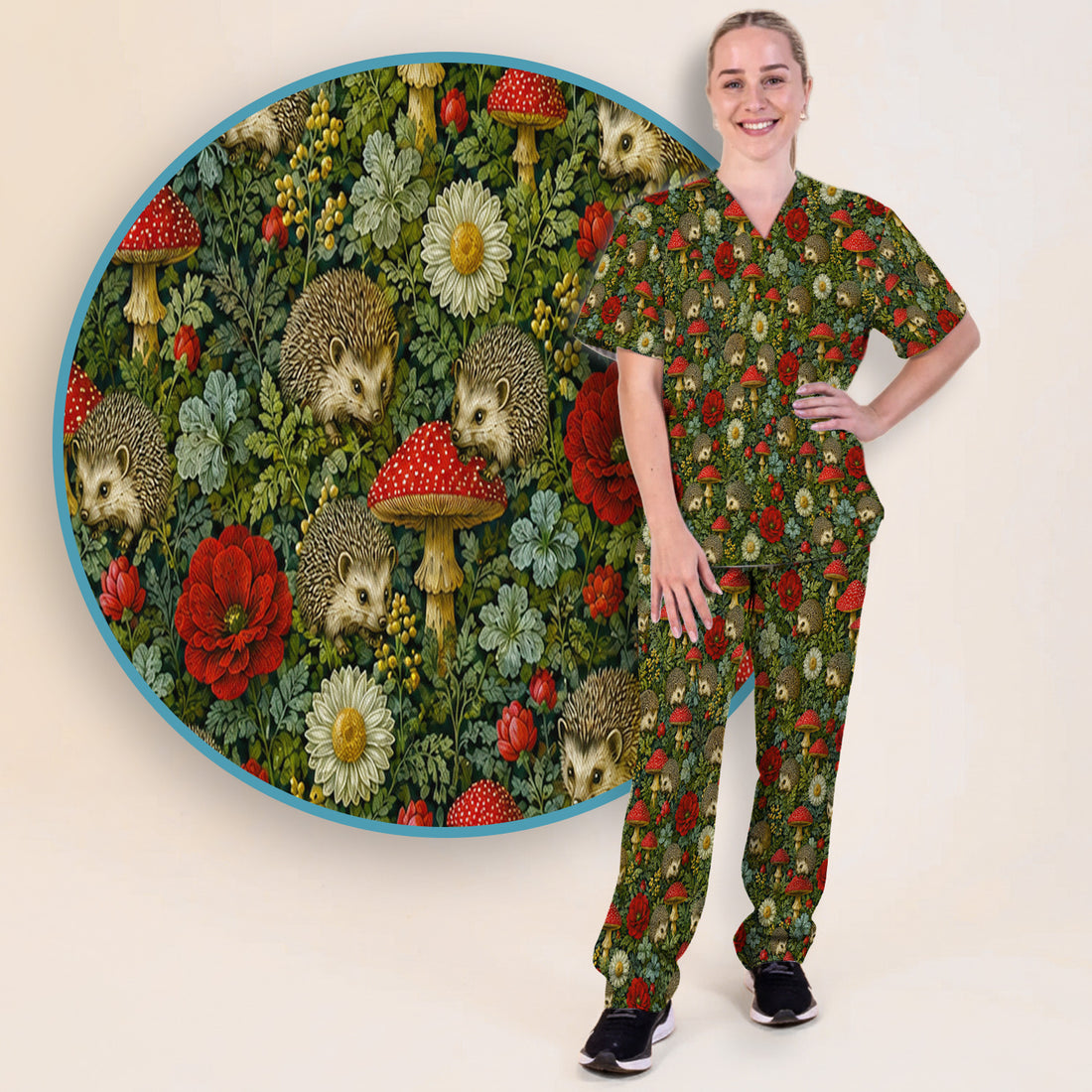 Enchanted Woodland Hedgehog Nurse for Pediatric Nurses, RN, CNA, Garden Medical Scrub Set, Scrub Pants and V Neck Top