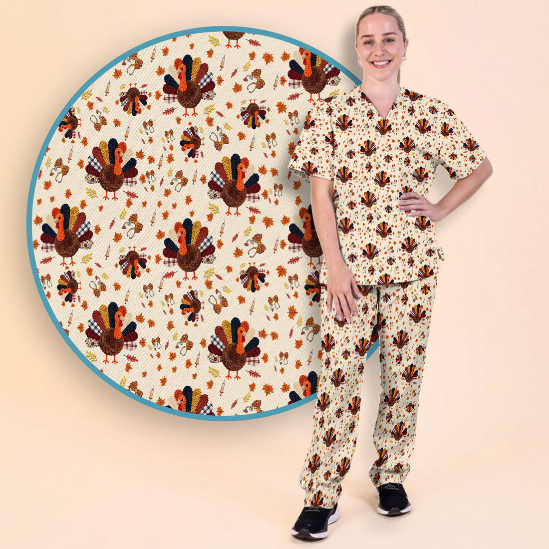 Funny Thanksgiving Nurse Scrub Sets - Fall Leaves and Pumpkin Scrub Pants and V Neck Top - Autumn Turkey Med Uniform