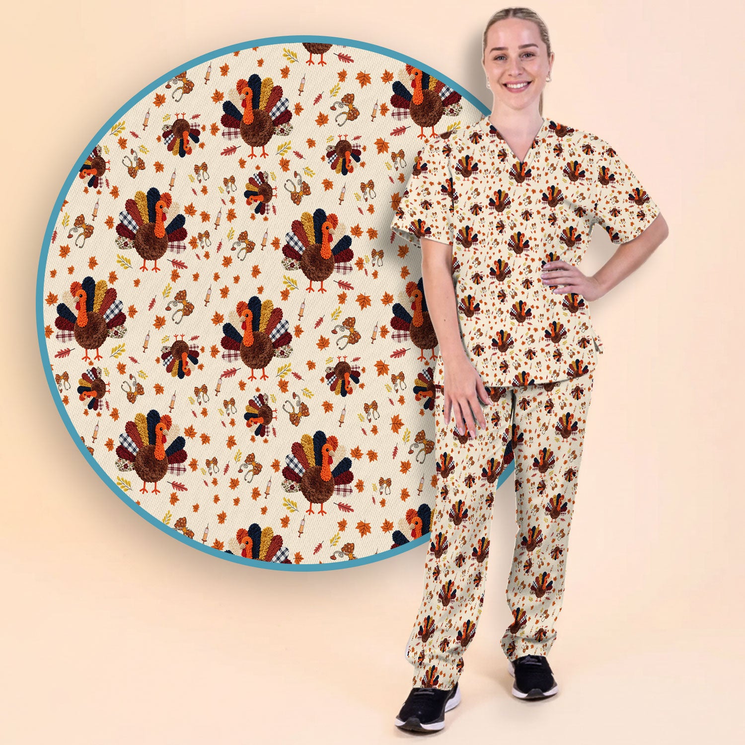 Funny Thanksgiving Nurse Scrub Sets - Fall Leaves and Pumpkin Scrub Pants and V Neck Top - Autumn Turkey Med Uniform