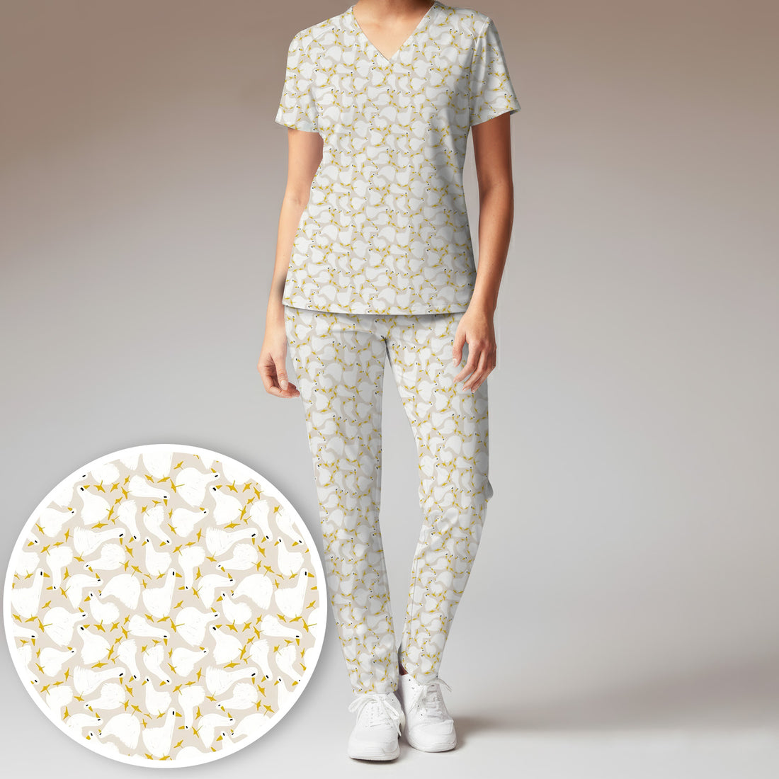 Cute White Goose Yellow Star Pattern Scrub Set, Scrub Pants and V Neck Top