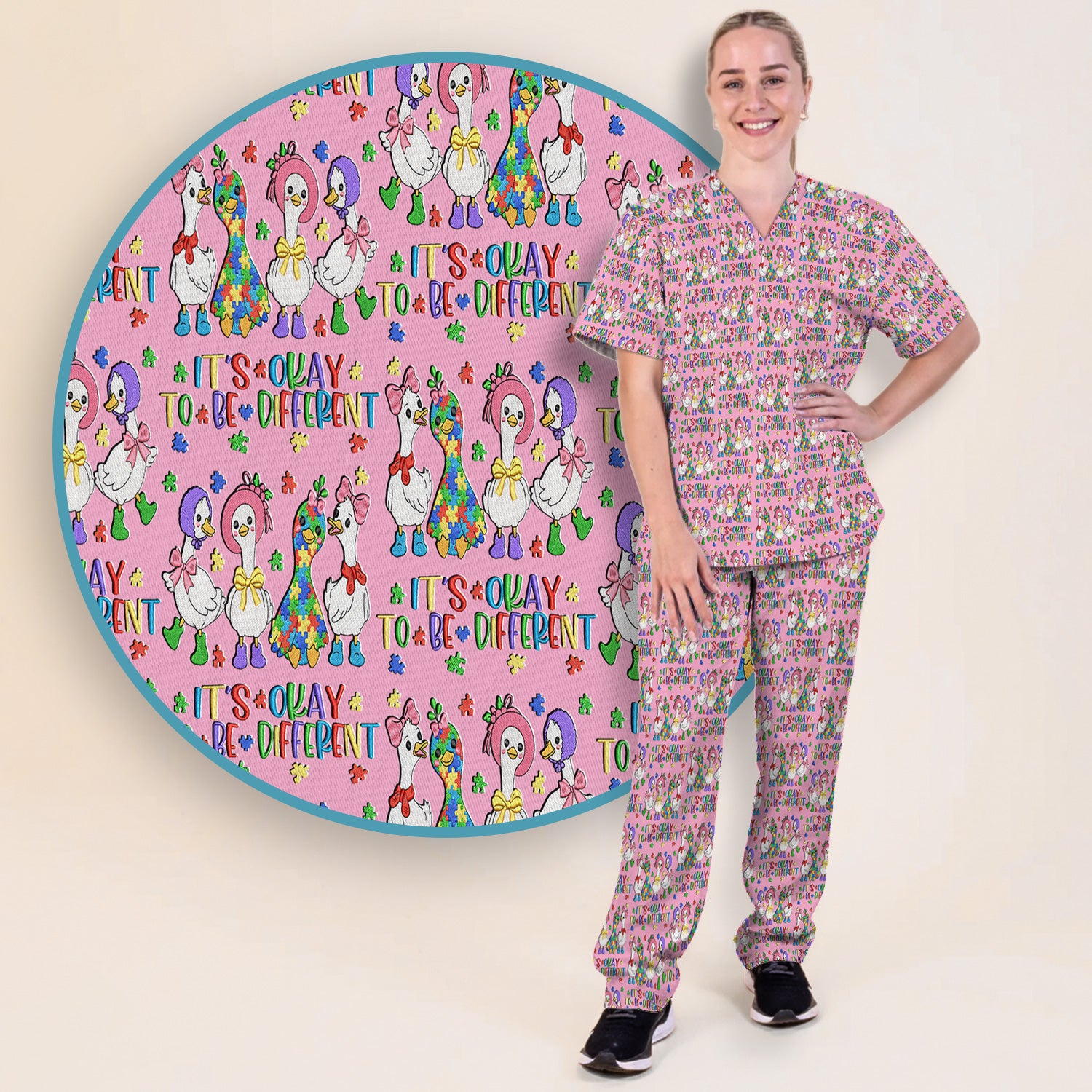It’s Okay To Be Different Duck Pattern Scrub Set, Nurse Uniform Scrubs Set
