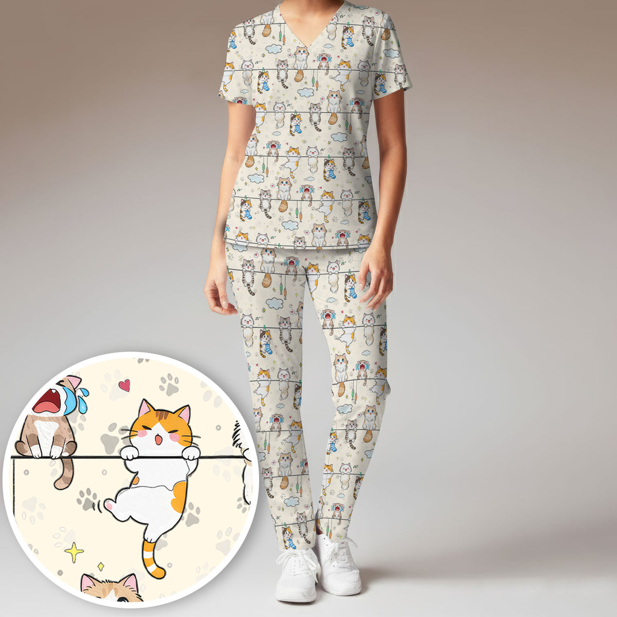 Funny Cats With Cute Expressions Pattern Scrubs Sets, Scrub Pants and V Neck Top