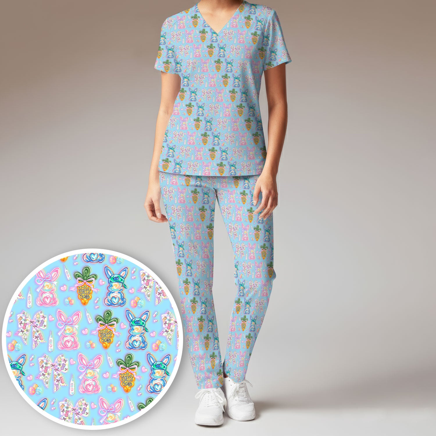 Easter Bunny Carrot Bow Floral Print Scrub Set, Breathable Med Uniform