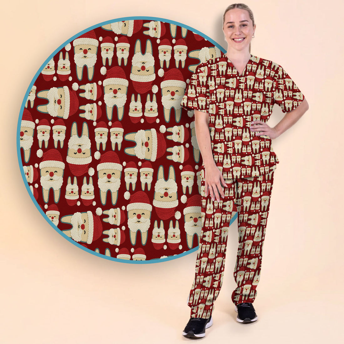 Christmas Tooth Scrub Set - Cute Santa Tooth Pattern for Dentists & Hygienists - Crochet Style Holiday Medical Uniform for Women