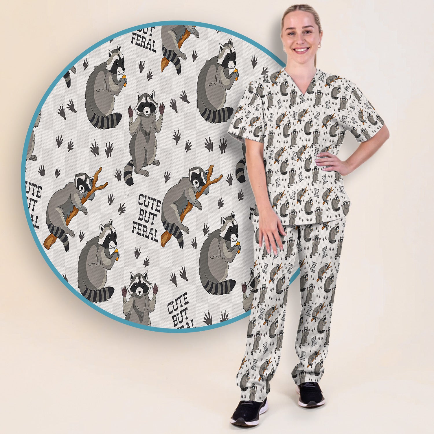 Funny Feral Raccoon Pattern Scrub Set, Scrub Pants and V Neck Top