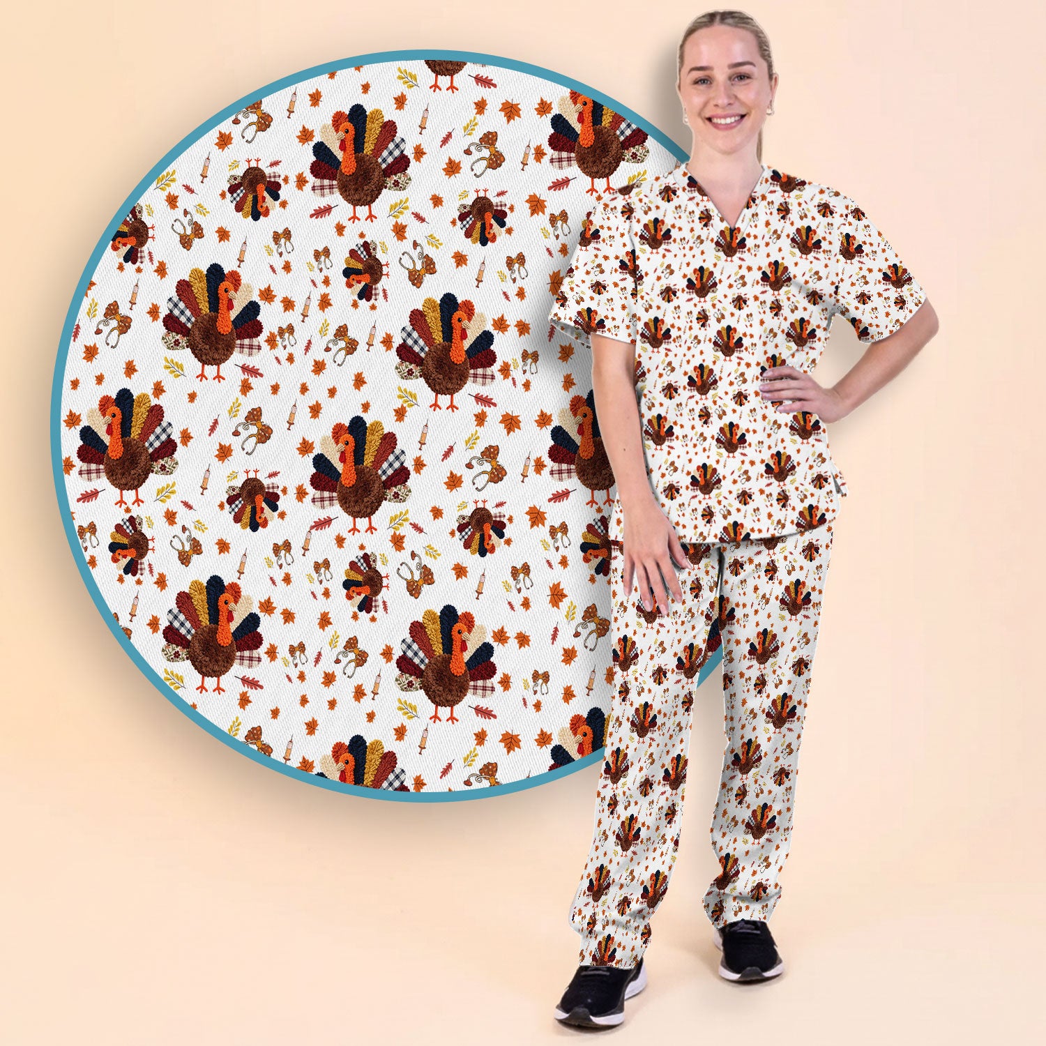Thanksgiving Women's Scrub Sets - Funny Autumn Turkey Pants and V Neck Top - Breathable Fabrics Nursing Uniform