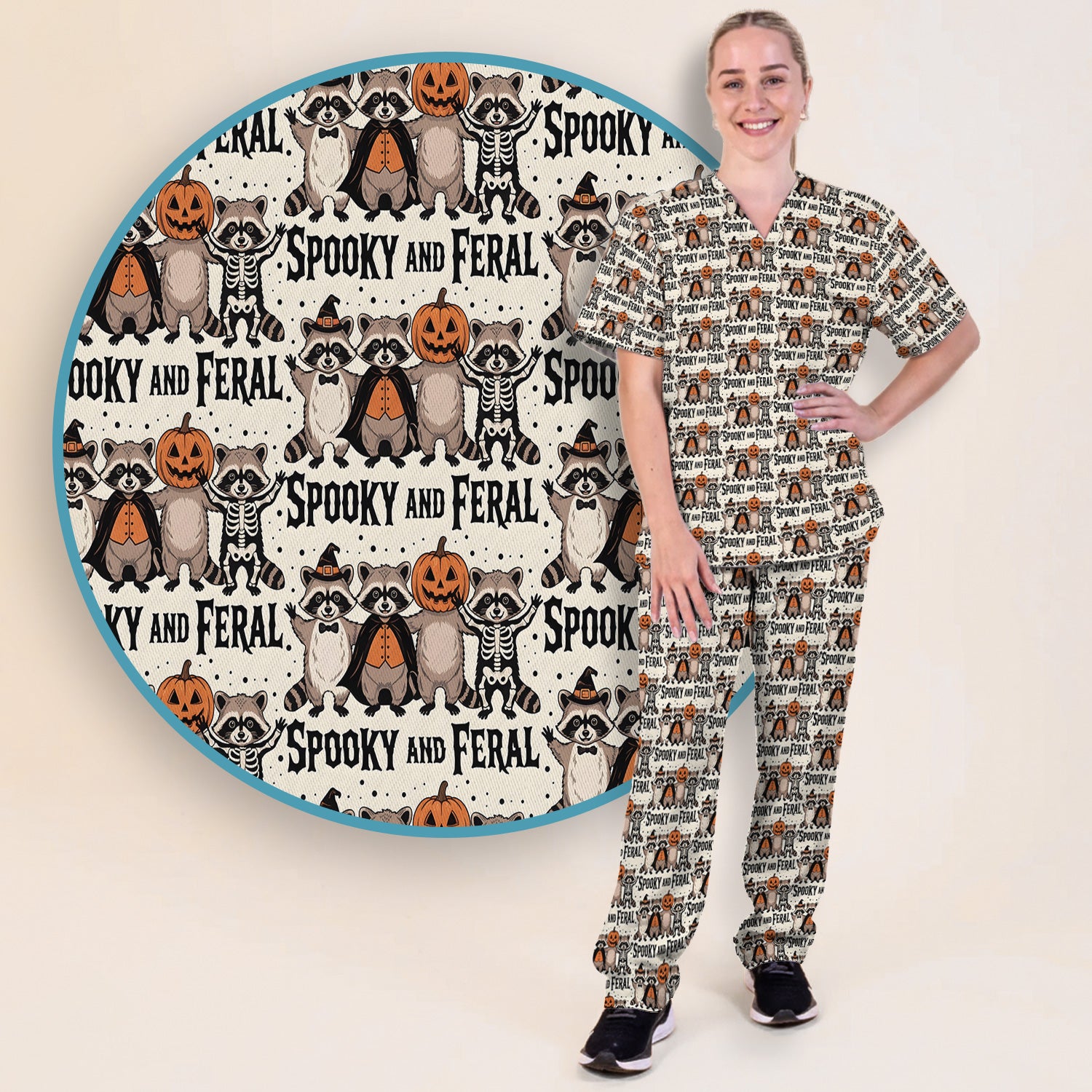 Spooky and Feral Raccoon Print Scrub Set, Scrub Pants and V Neck Top