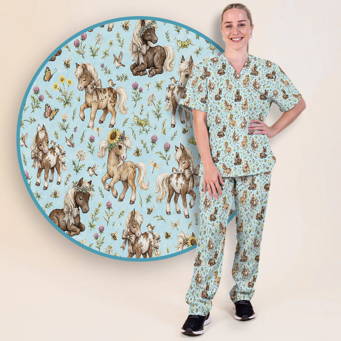 Cute Pony Garden with Butterfly Floral Meadow Print Scrub Set, Scrub Pants and V Neck Top