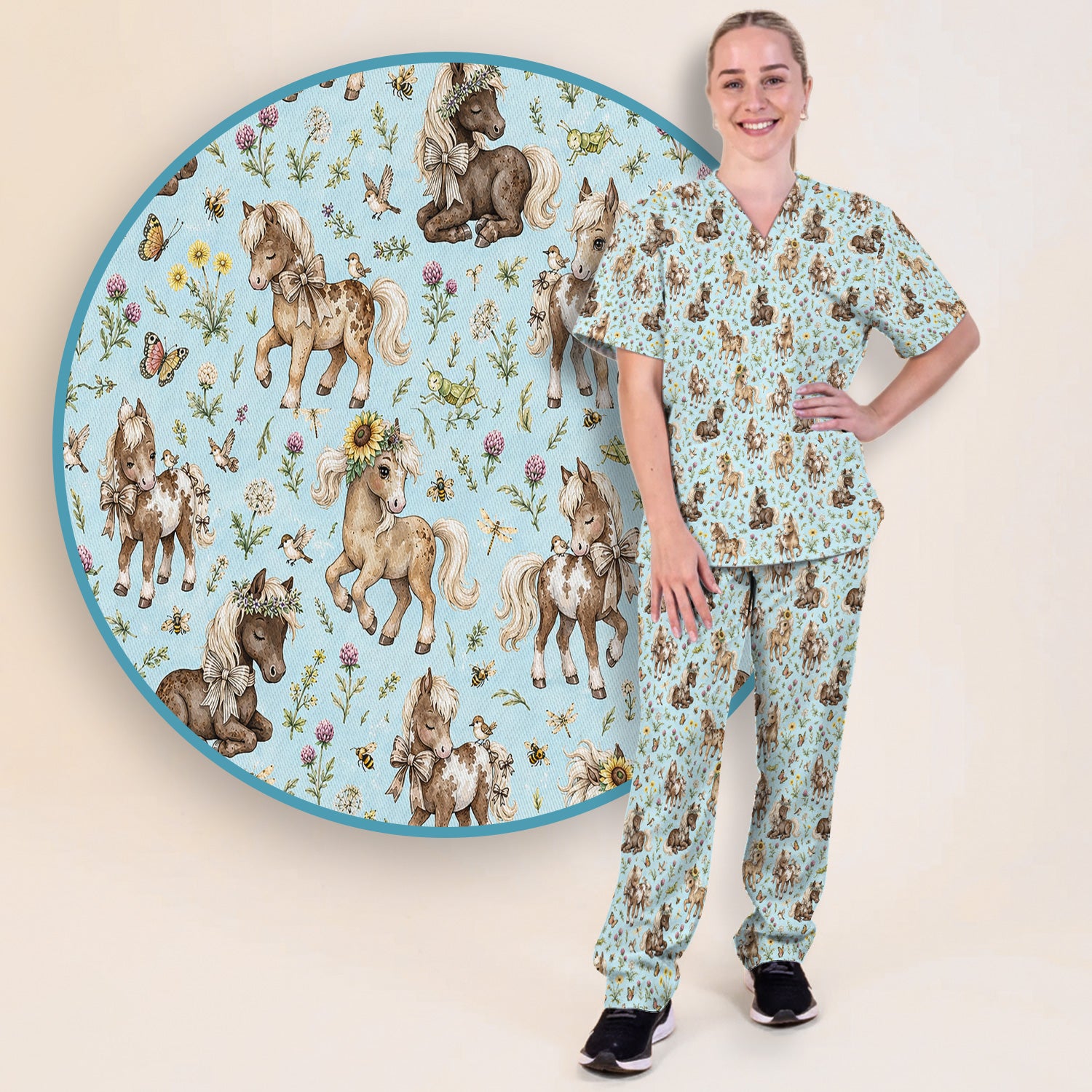 Cute Pony Garden with Butterfly Floral Meadow Print Scrub Set, Scrub Pants and V Neck Top