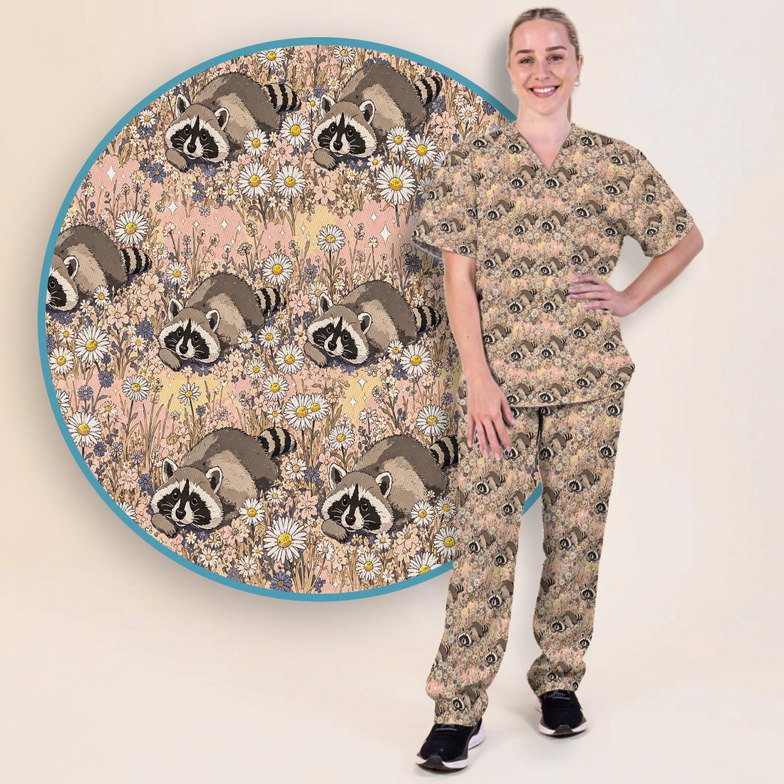 Cute Raccoon Wildflower Meadow Pattern Scrub Set, Scrub Pants and V Neck Top
