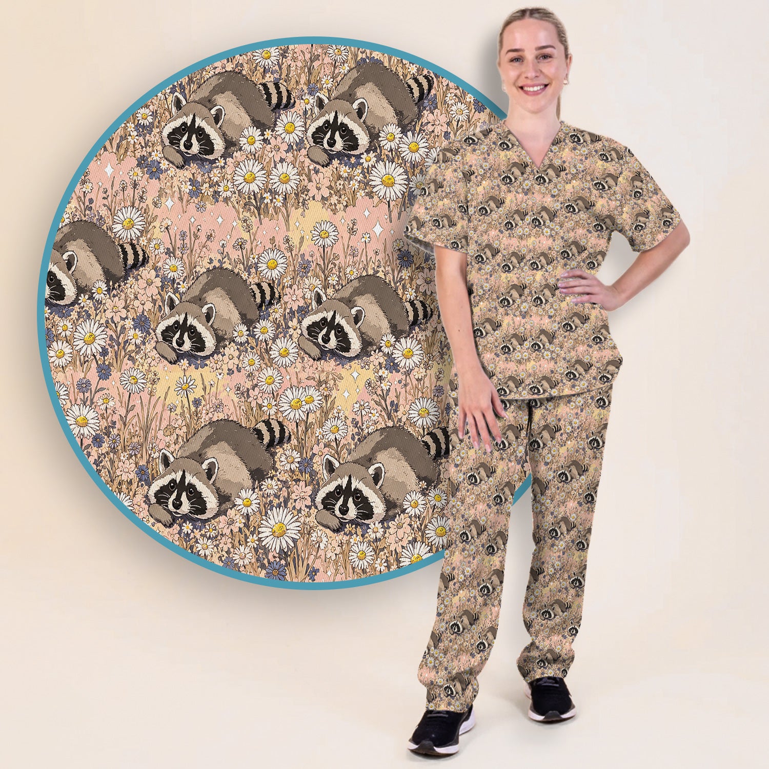 Cute Raccoon Wildflower Meadow Pattern Scrub Set, Scrub Pants and V Neck Top
