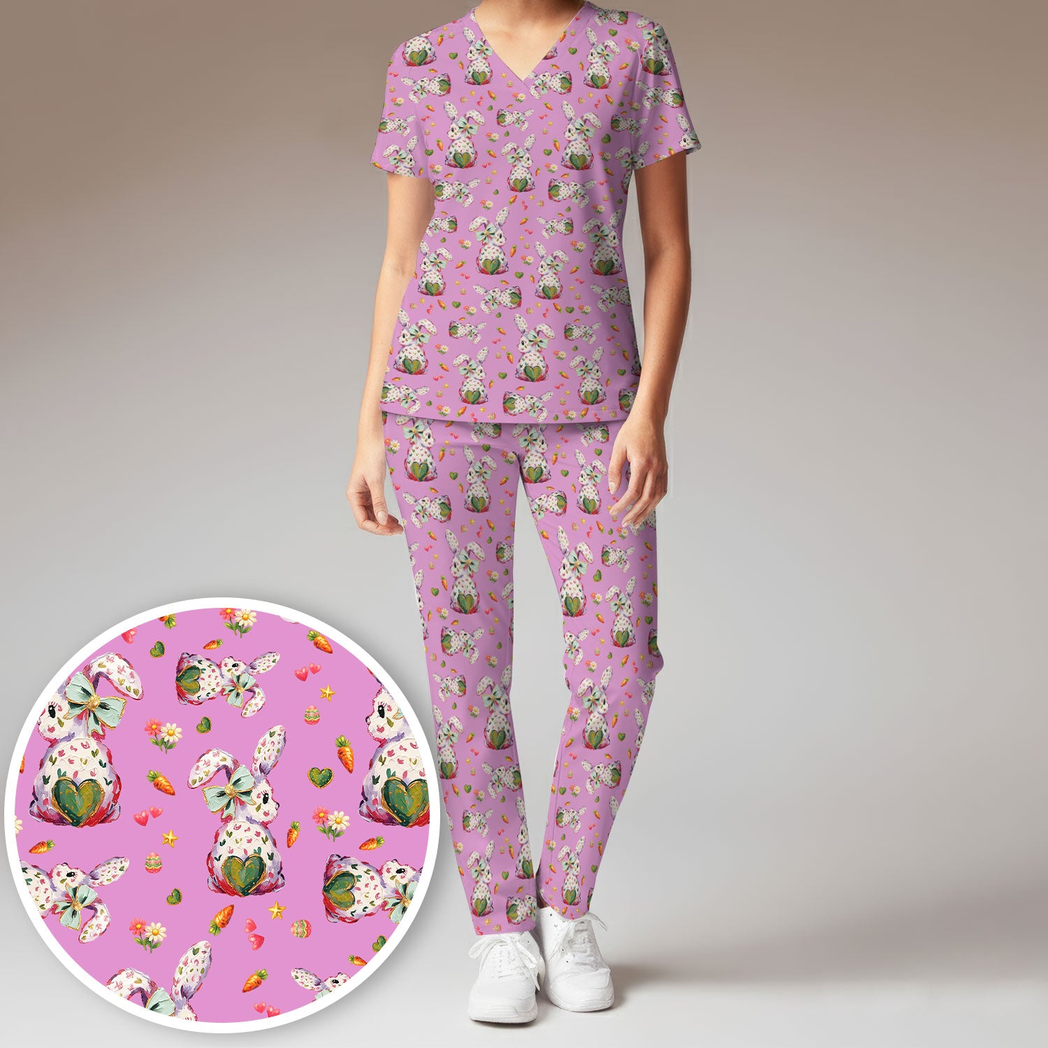 Cute Pastel Bunny Easter Pattern Scrub Set, Scrub Pants and V Neck Top