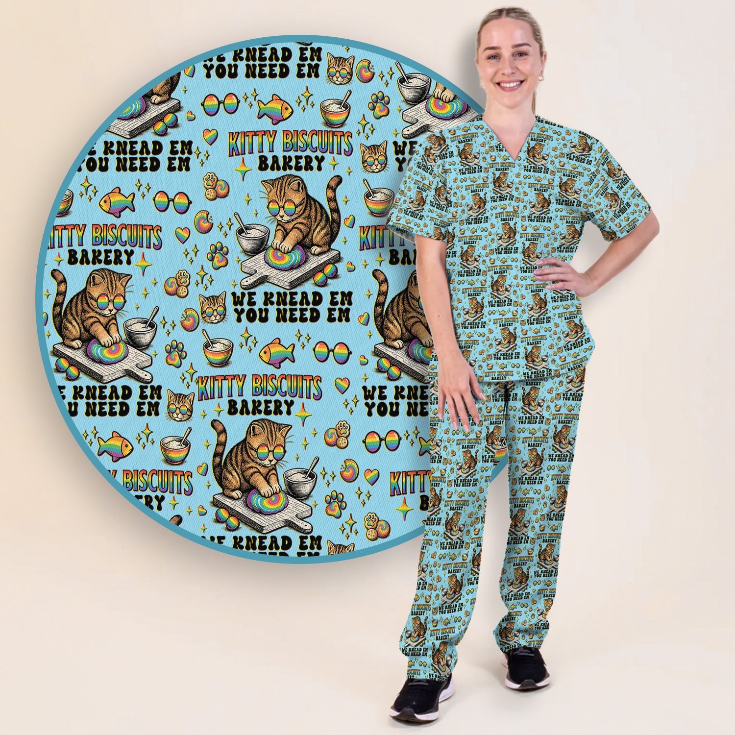 Pride Nurse Cat Baking Rainbow Dough Pattern Scrub Set, Women's Scrub Sets