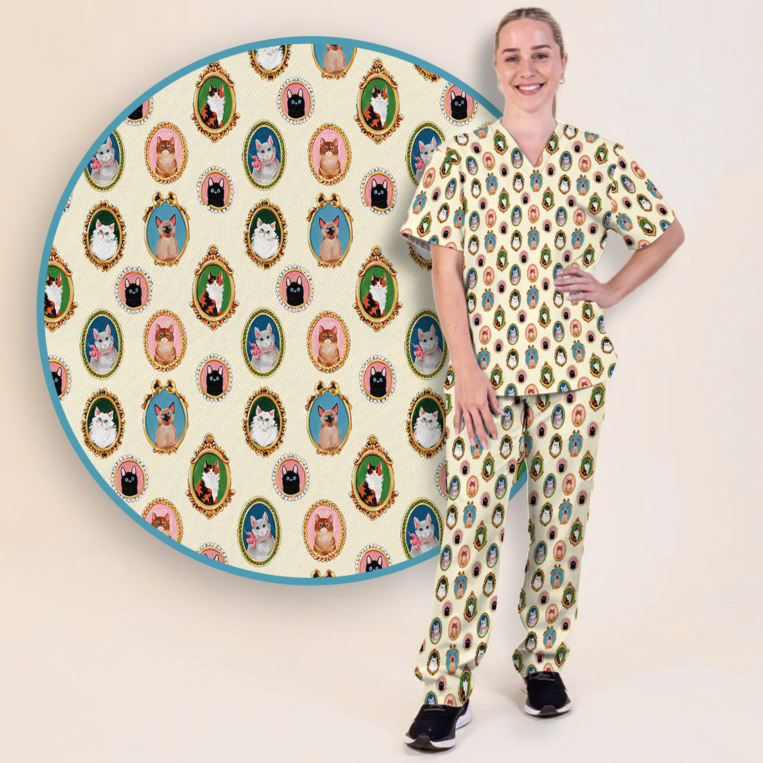 Vintage Cat Portrait Pattern Scrub Set, Scrub Pants and V Neck Top
